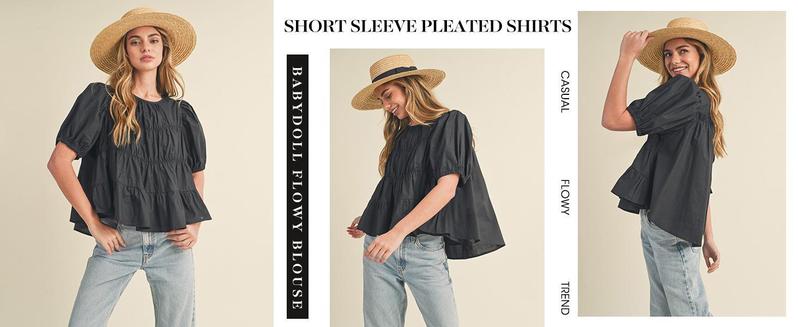 PASLTER Womens Puff Sleeve Peplum Babydoll Tops Summer Smoked Pleated Cotton T-Shirts Casual Loose Fit Flowy Blouse