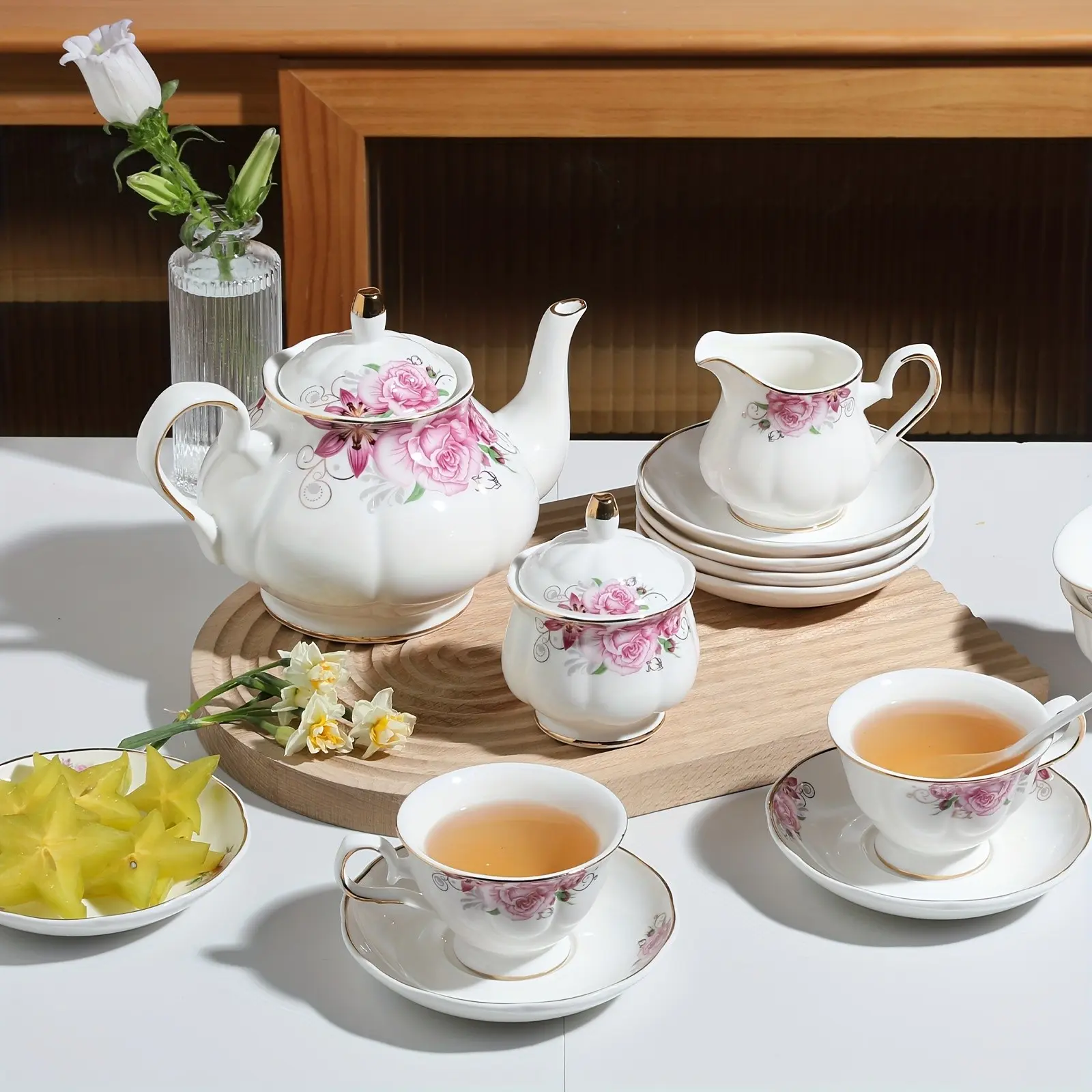 Porcelain Tea Sets, Vintage British Floral Relief Golden Rimmed Teapot Cup And Saucer Set, Tea Set Service for 6, with Teapot, Sugar Bowl, Milk Jug, Spoons, Tea Cup And Saucer