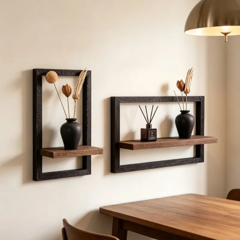Wabi-Sabi Style Solid Wood Square Wall Shelf, Mounted Shelf, Vintage Wooden Texture, Floating Design Saves Space, Ideal for Living Room, Study, Bedroom