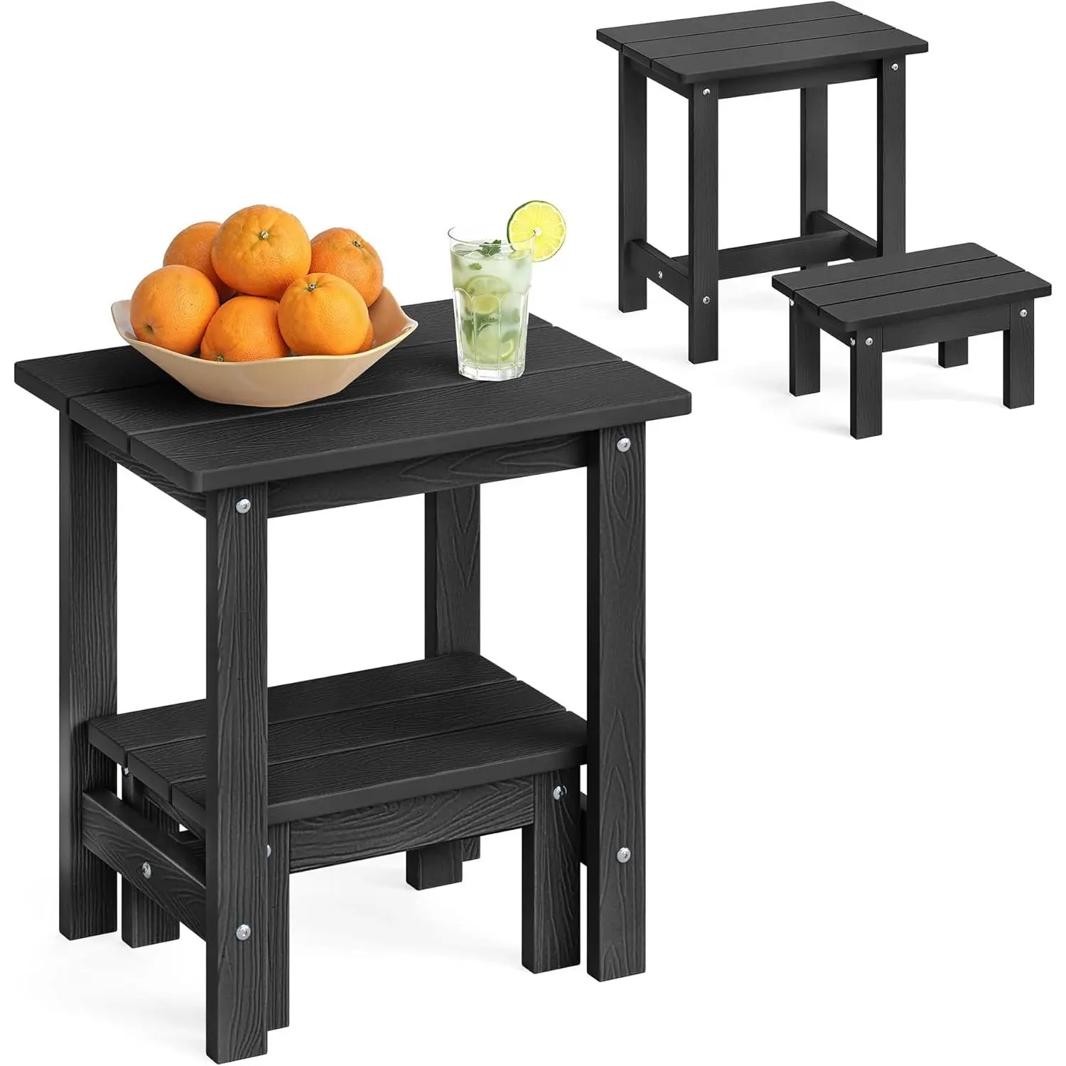 Outdoor Side Table, 2-Tier HDPS Outdoor Nesting End Table with Removable Small Foot Stool for Patio, Deck, Poolside, Low Maintenance & Weather Resistant,Black