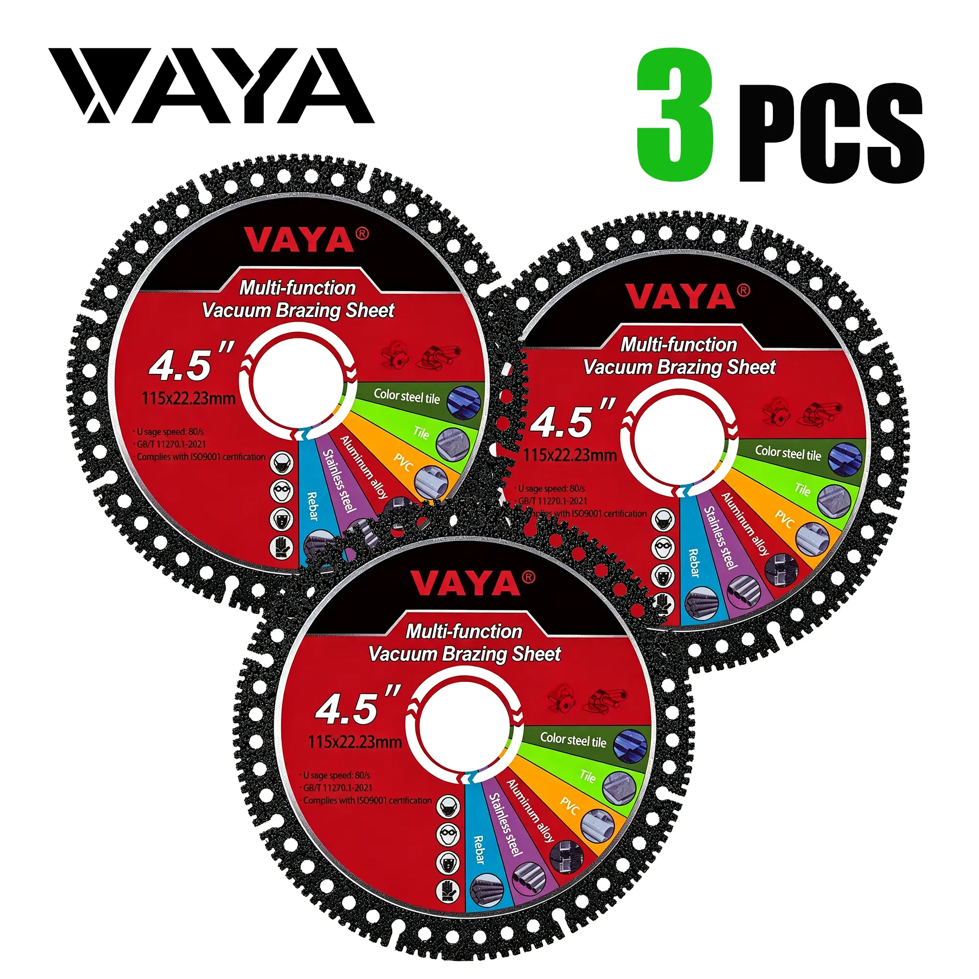 VAYA 4.5" 3PCS  Multi-functional Diamond Tile Cutting Blades for Marble Tile Ceramic, Ultra-Thin Dry Cutting Tool Abrasive Discs, Angle Grinder Saw Blades accessory for Outdoor Use