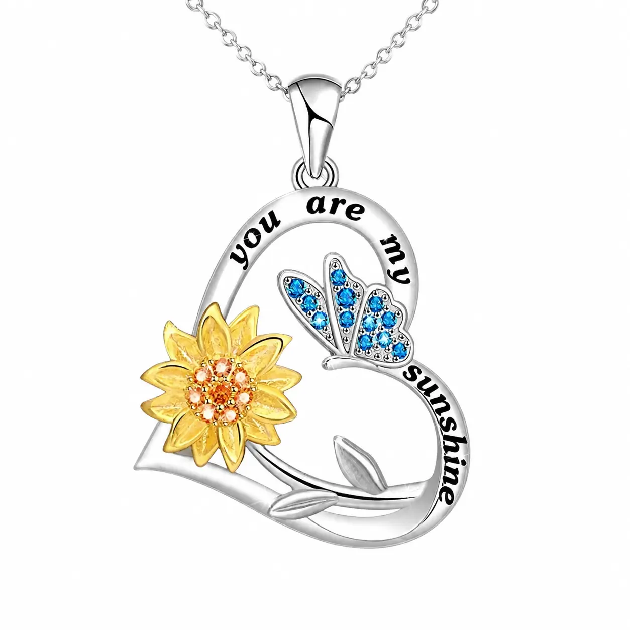 Women's 2-Tone Heart-Sunflower-Butterfly Pendant Necklace, Engraved "You Are My Sunshine", Silver-Plated Costume  for Dating, Party Gifts