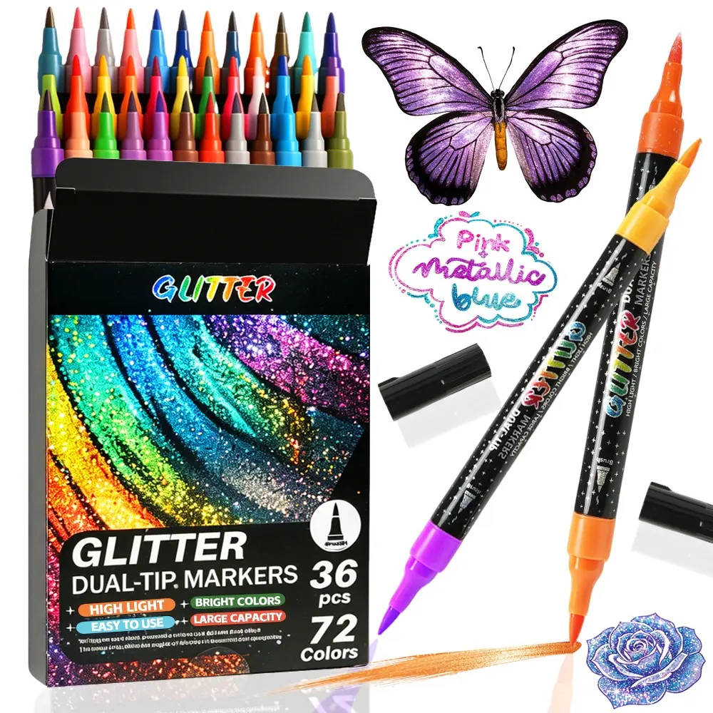 Dual-Ended Glitter Paint Marker for Glass, Rock Painting, Ceramic, Wood, Fabric, Scrapbooking, DIY Crafts, 72/96/120 Colors