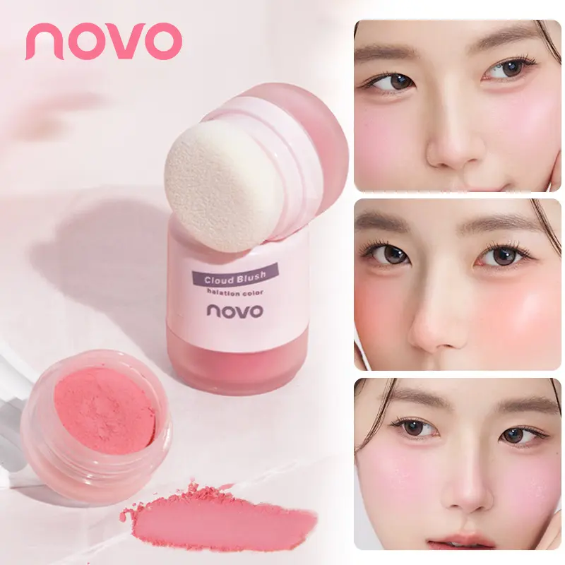 Cloud Cushion Blush Powder with Mushroom Sponge Puff, Lightweight Blendable Cheek Blush, Natural Healthy Pink Glow, Non-flying Powder Long Lasting Daily Korean Makeup for Beginners