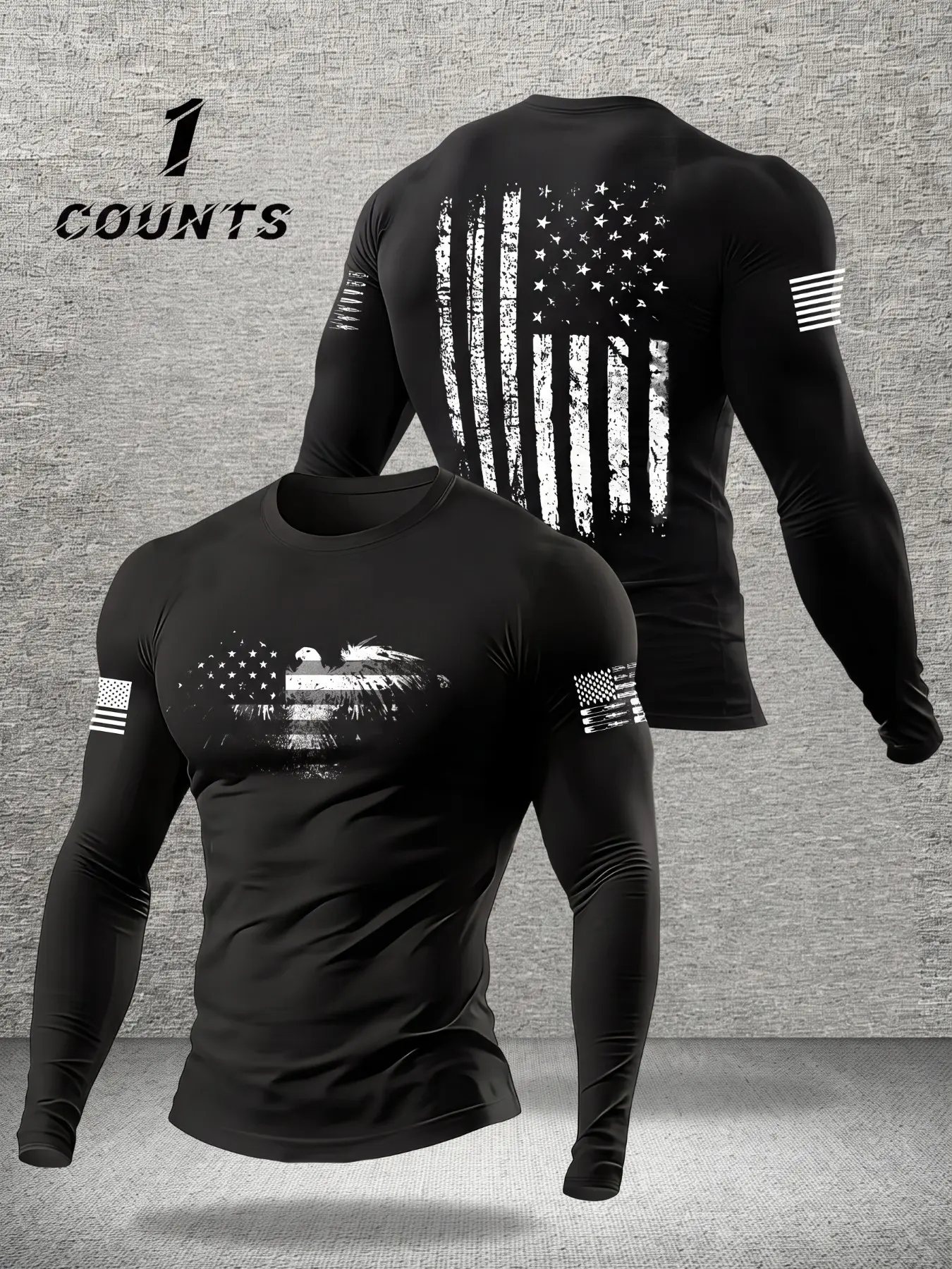 Polyester Men's Patriotic Compression Long Sleeve T-Shirt, Black Slim Fit Crew Neck Tee With Eagle USA Flag Front Back Print & Sleeve Flag Patch, Tactical Workout Casual Top For Gym Outdoor Street Outfits
