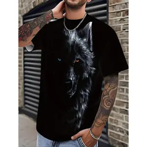 Men's 3D Short-sleeved Digital-print T-shirt -! Mesh Polyester Short-sleeve with Unique Eye-catching Wolf-head Print. Men's Versatile Black T-shirt.