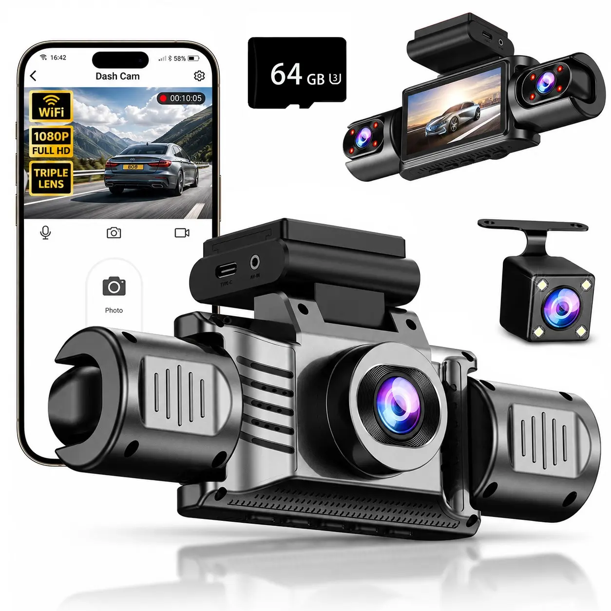 Dash Cam 360° 4 Channel Dash Camera, Car Security Camera, Front Rear Left Right Inside Recording for Cars, WiFi Night Vision WDR Supports 24-hour parking monitoring with 64GB Card