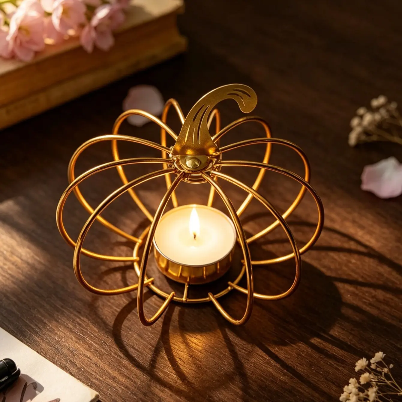 Halloween Pumpkin Iron Candle Holder, Assembled Design, Gold Colors, Romantic Light Effects, Indoor Decorations