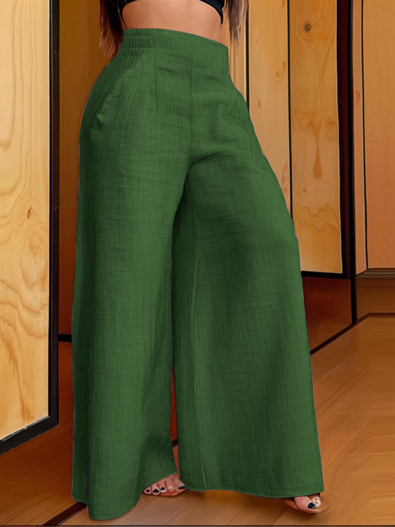 Plus Size Plain Shirred High Waist Wide Leg Pants, Casual Comfy High Rise Palazzo Trousers for Daily Wear, Women's Bottoms for Summer