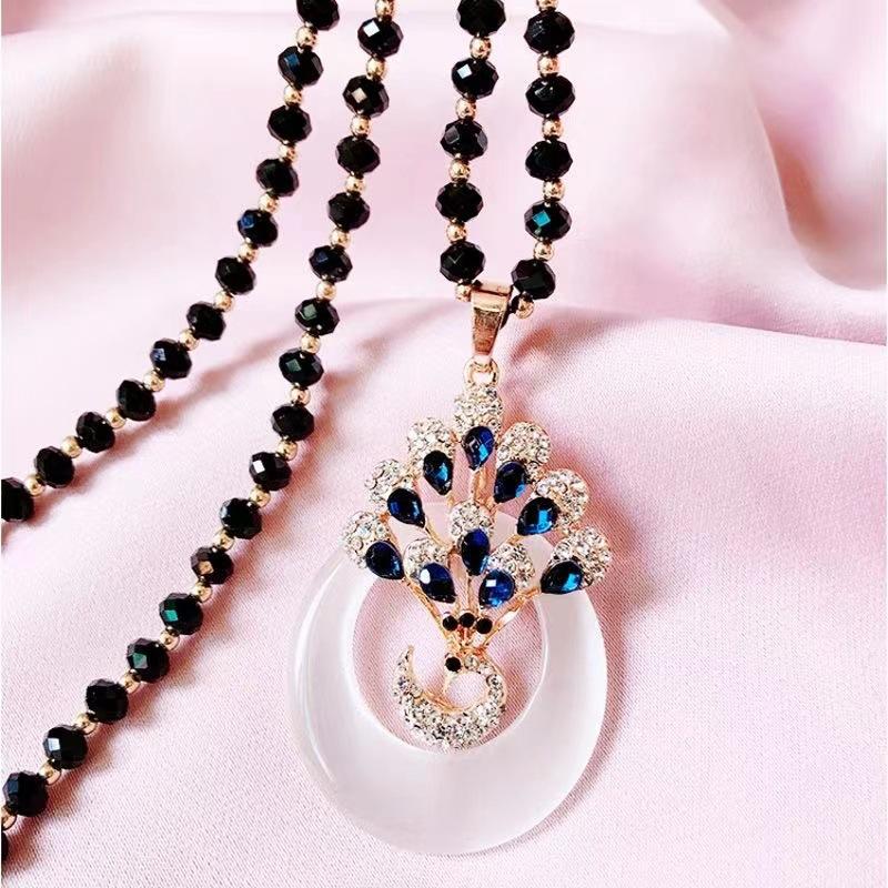 Versatile Cubic Zirconia Sweater Chain Long Fashion Pendant Necklace Accessory Simple Cat's Eye Stone Peacock Pendant