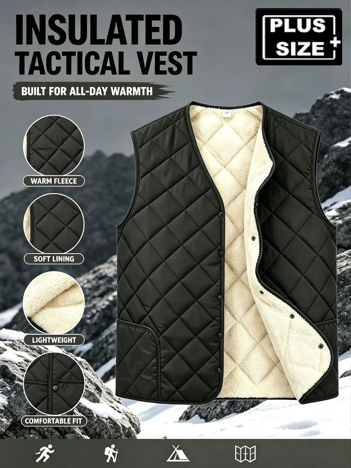 Men's Plus Size Fleece Lined Tactical Vest, Quilted Lightweight Sleeveless Jacket, Outdoor Camping Commute Vest, Versatile Daily Wear