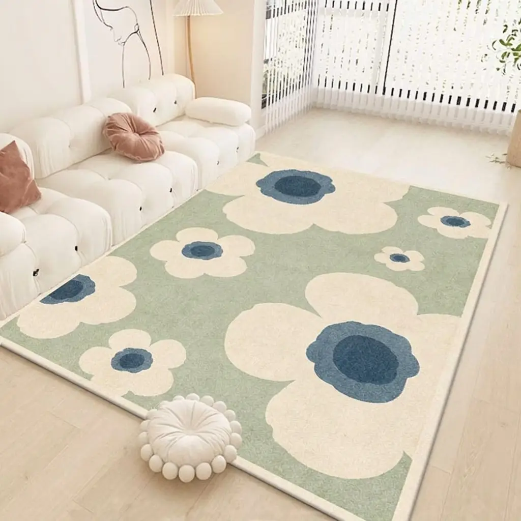 Large Size 140cm x 200cm (4.59' x 6.56') Soft Velvet Single Rug, Nordic Pastel Floral Print Floor Rug, Indoor Home Bedside & Lounge Decor Carpet