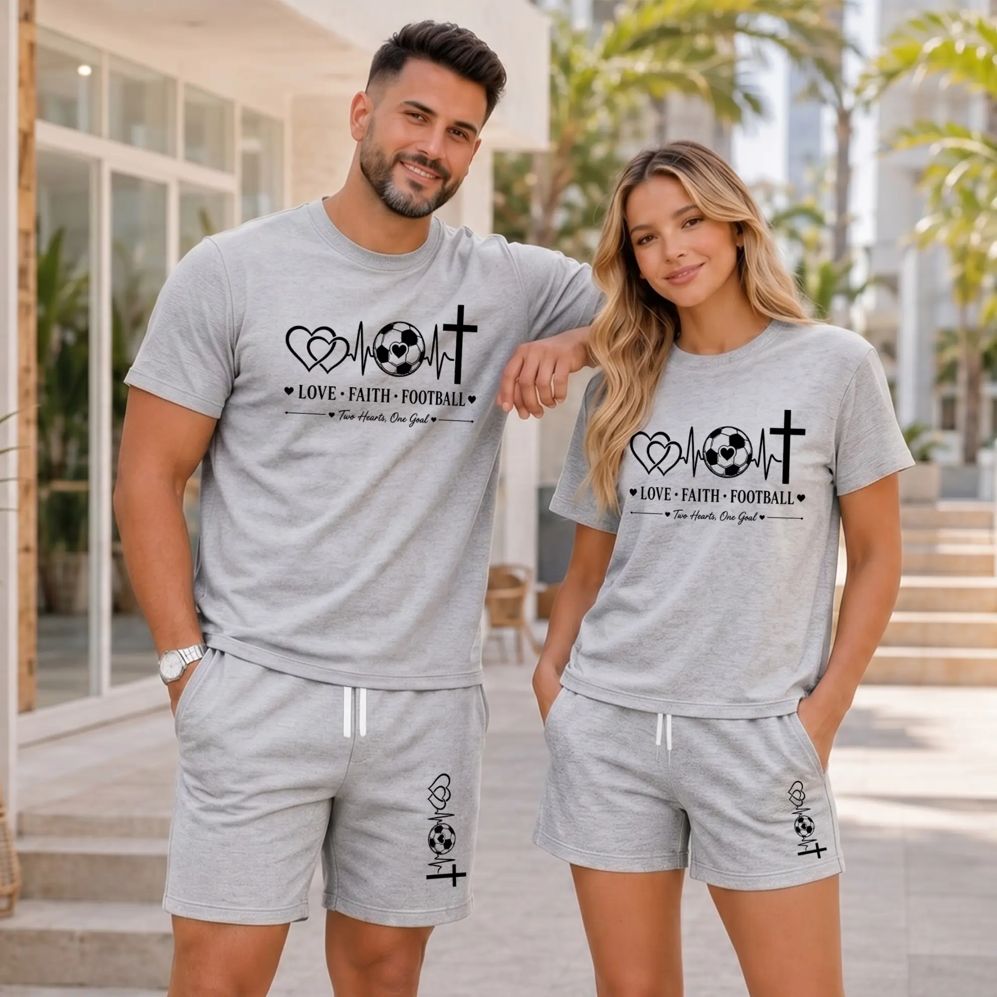 Couples Matching Football Graphic T-Shirt and Shorts Set, Love Faith Football Print Two Piece Outfit, Casual Summer Short Sleeve Tee and Drawstring Shorts for Game Day, Beach Vacation, Streetwear, Daily Wear