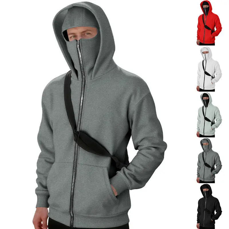 Men's Polyester Zip Up Hoodie - Trendy Streetwear Outerwear with Integrated Face Mask, Full Zip, Kangaroo Pocket, Loose Fit for Spring, Autumn Daily & Outdoor Outings, Trendy Hoodies