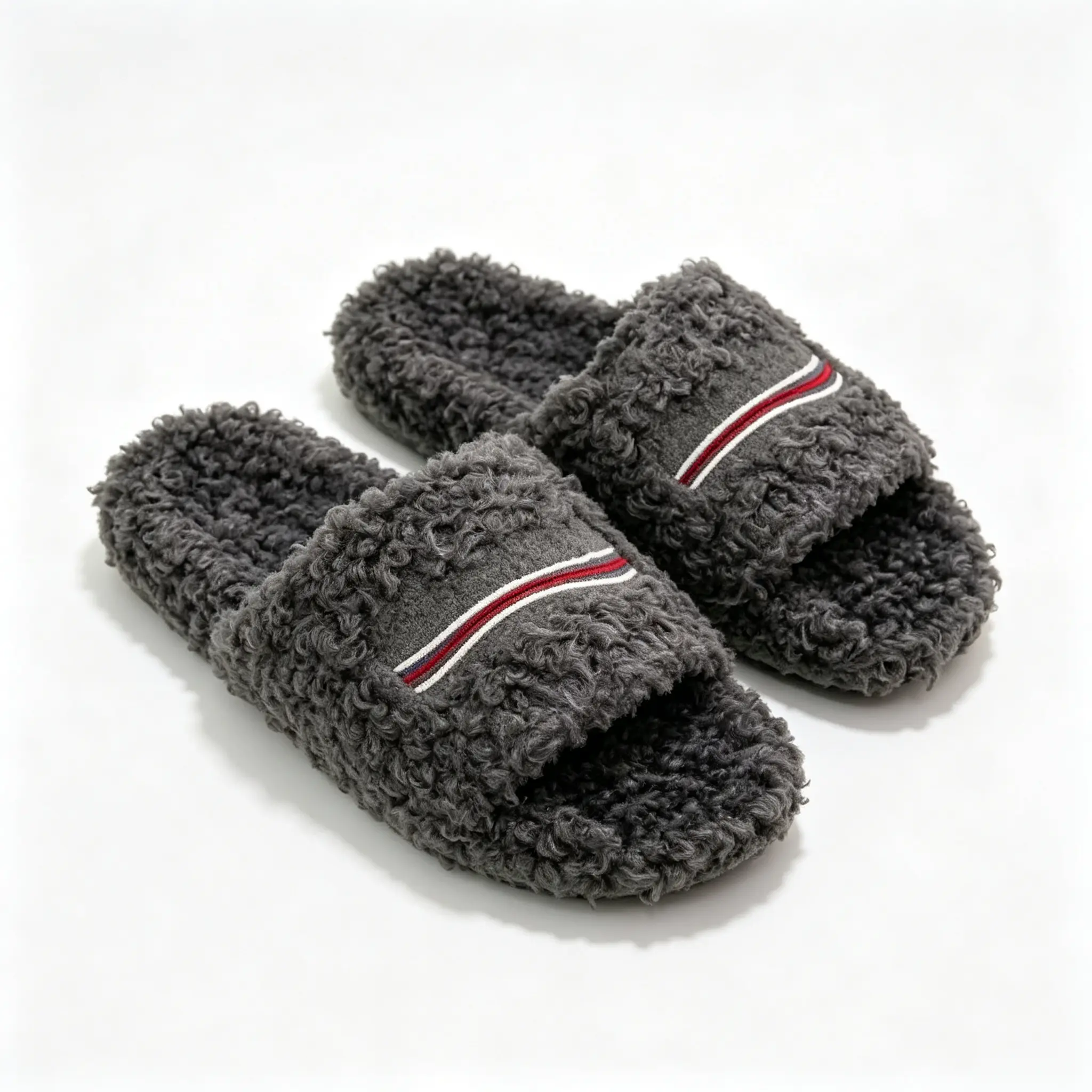 Unisex Dark Gray Curly Fluffy Open Toe Slide Slippers Comfortable Fuzzy Girl Flip With Red White Strip Embroidery Plush Lined Cushioned Footbed Anti Slip Rubber Sole Warm Indoor Bedroom Bathroom Casual Loungewear Footwear For Daily Home Rel