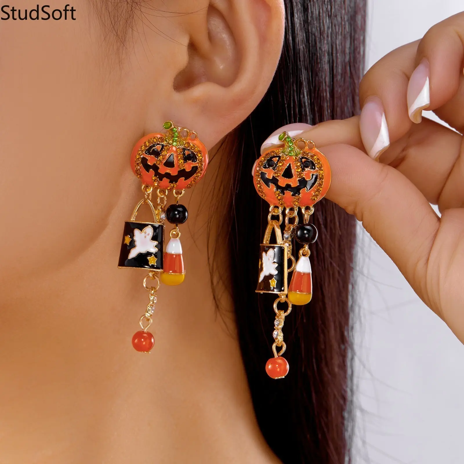 Women's Halloween Pumpkin Ghost Drop Dangle Earrings, Gothic Enamel Rhinestone Earrings with Candy Corn Accents, 1-Pair Holiday Party Costume Jewelry, Drop Dangles, Rhinestones, Drop Shape,back to school,back to school haul