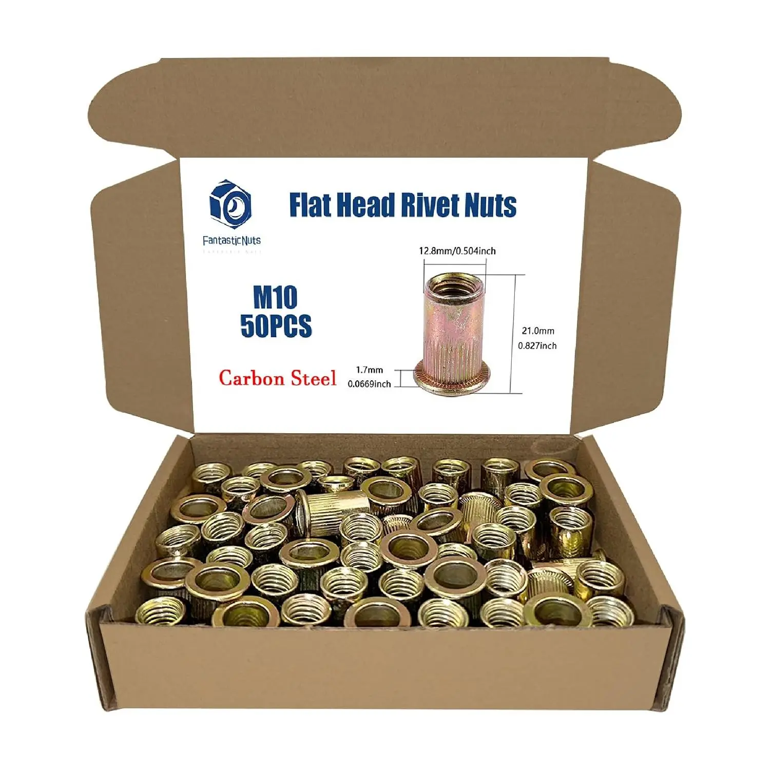 50 count M10 x 1.5 Rivet Nuts, Made of Carbon Steel with a zinc-Plated Finish, Featuring a Flat  and Threaded Insert Knurled Nutsert Kit