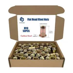 50 count M10 x 1.5 Rivet Nuts, Made of Carbon Steel with a zinc-Plated Finish, Featuring a Flat  and Threaded Insert Knurled Nutsert Kit