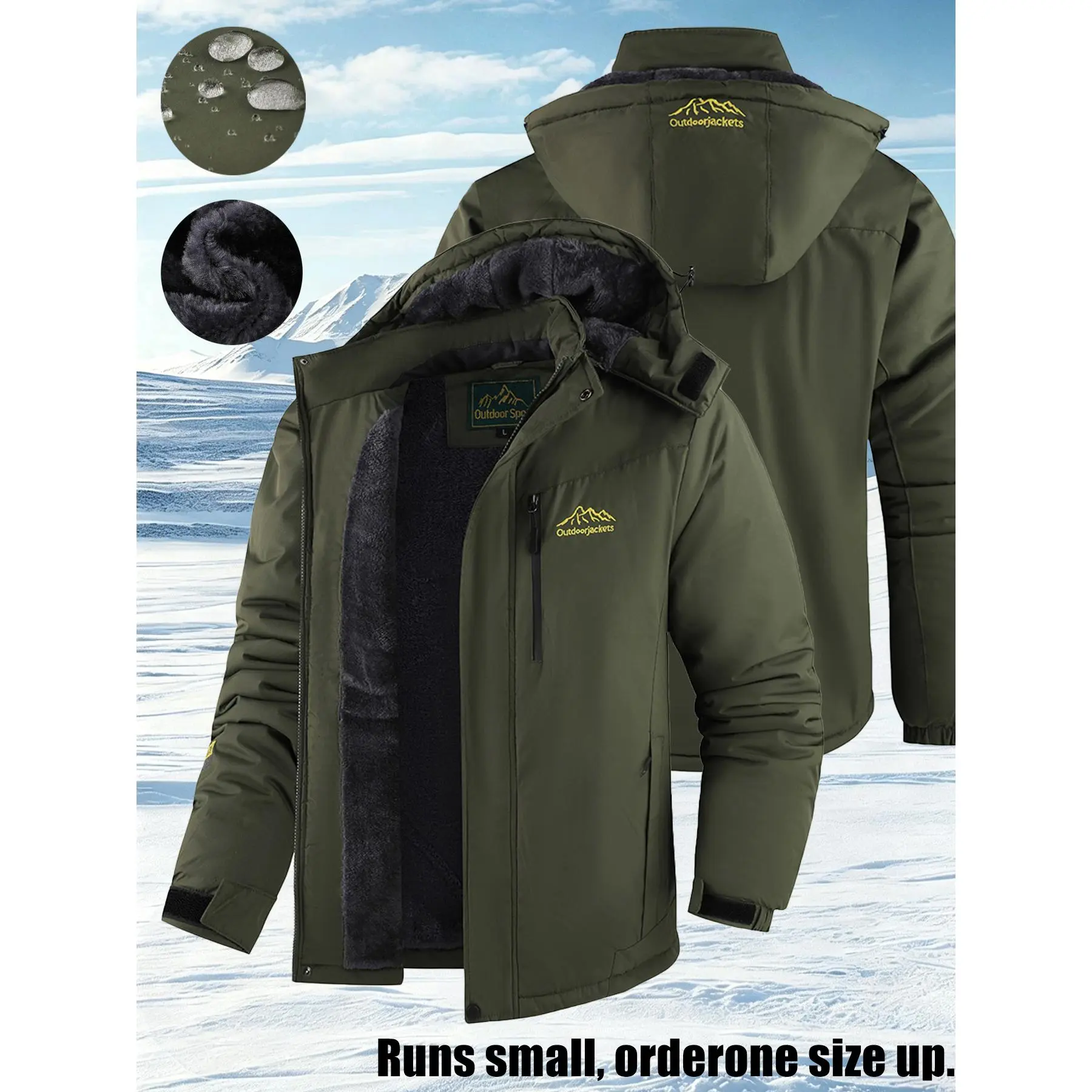Men's insulated inner-lined winter jacket with zipper pockets, thick and warm lining, windproof outerwear, suitable for hiking, skiing and cold outdoor activities.