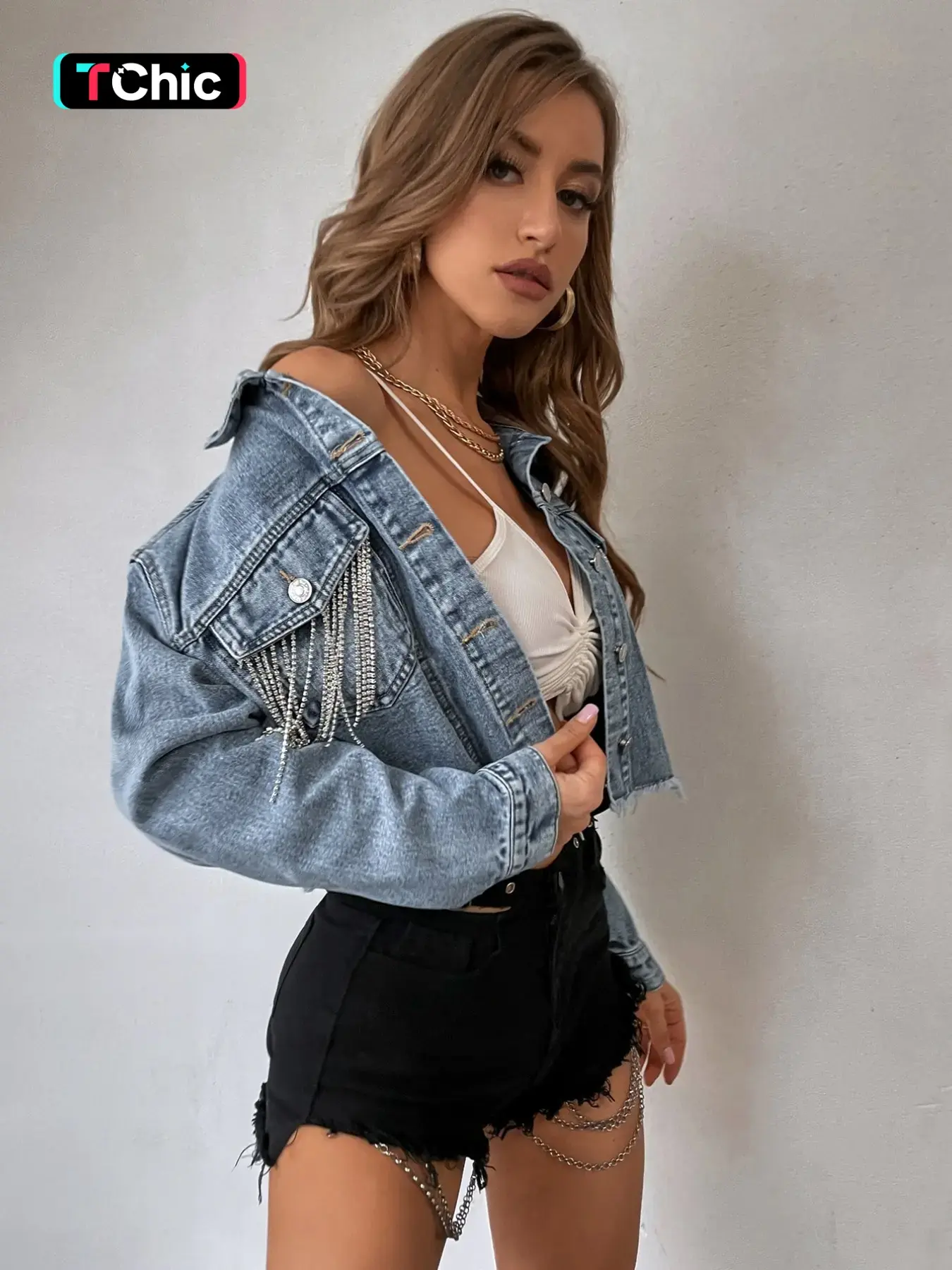 Wt290# Draped Chain Fringe Short Denim Jacket, Casual Chic Lapel Hem Design, Decorative Chain Detail, Perfect for Spring & Fall