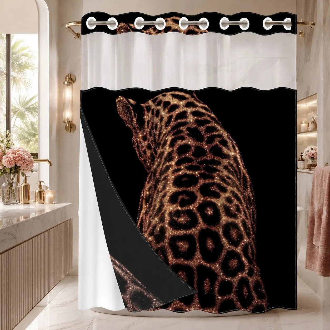 1 Pc Hookless Double Layer Shower Curtain, Gold Glitter Leopard Print, Machine Washable Waterproof Mildew Resistant Fabric, Luxe Wild Home Bathroom Decor, Removable Snap-in Liner, Top See-Through Window, 71"×74"
