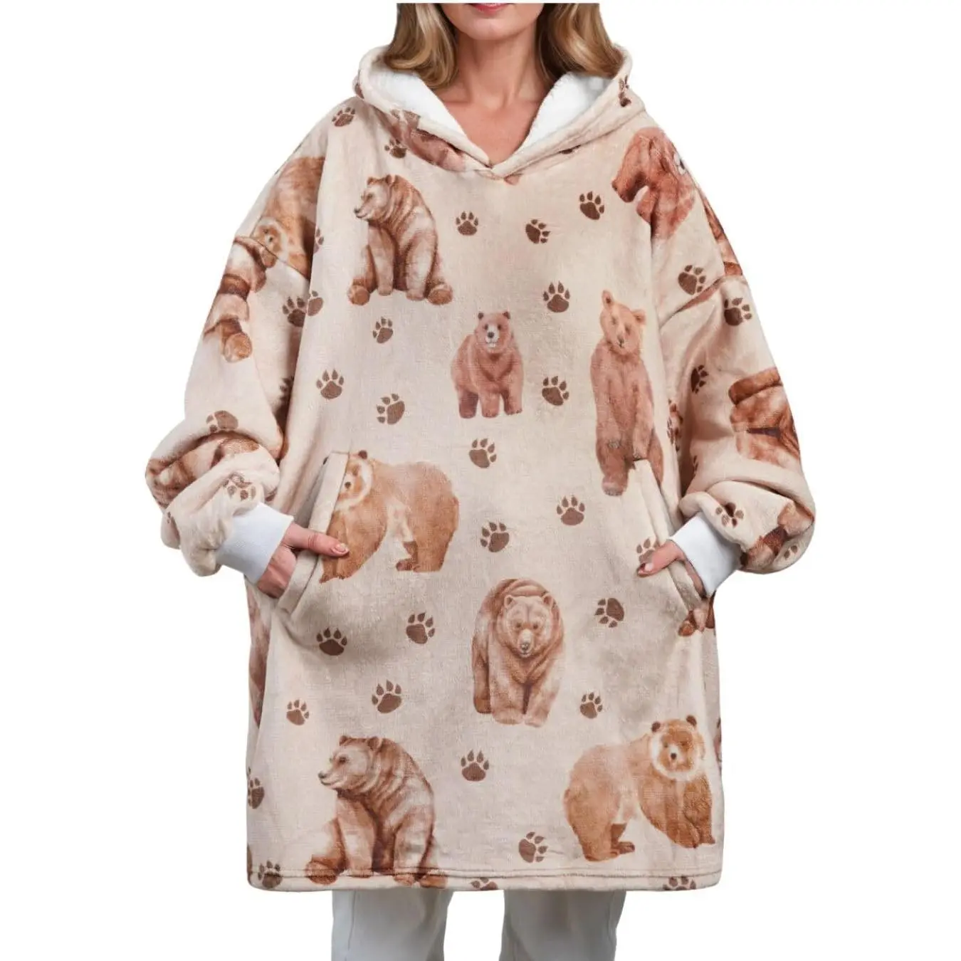 Bear Gifts for Lovers - Wearable Flannel Blanket Hoodie, Soft Warm Cozy with Two Large Pockets - One Size Fits Most - Full, Regular