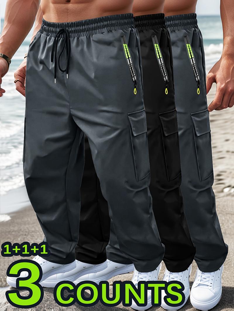 3pcs Men'S Casual Sports Cargo Pants - Drawstring Waist, Men's Sweatpants, Print Zip Pockets, Multiple Pockets, Lightweight for Spring & Summer, Ideal for Outdoor Running & Training, Casual Wear Pants | Cargo Style Pants | Lightweight Fabric