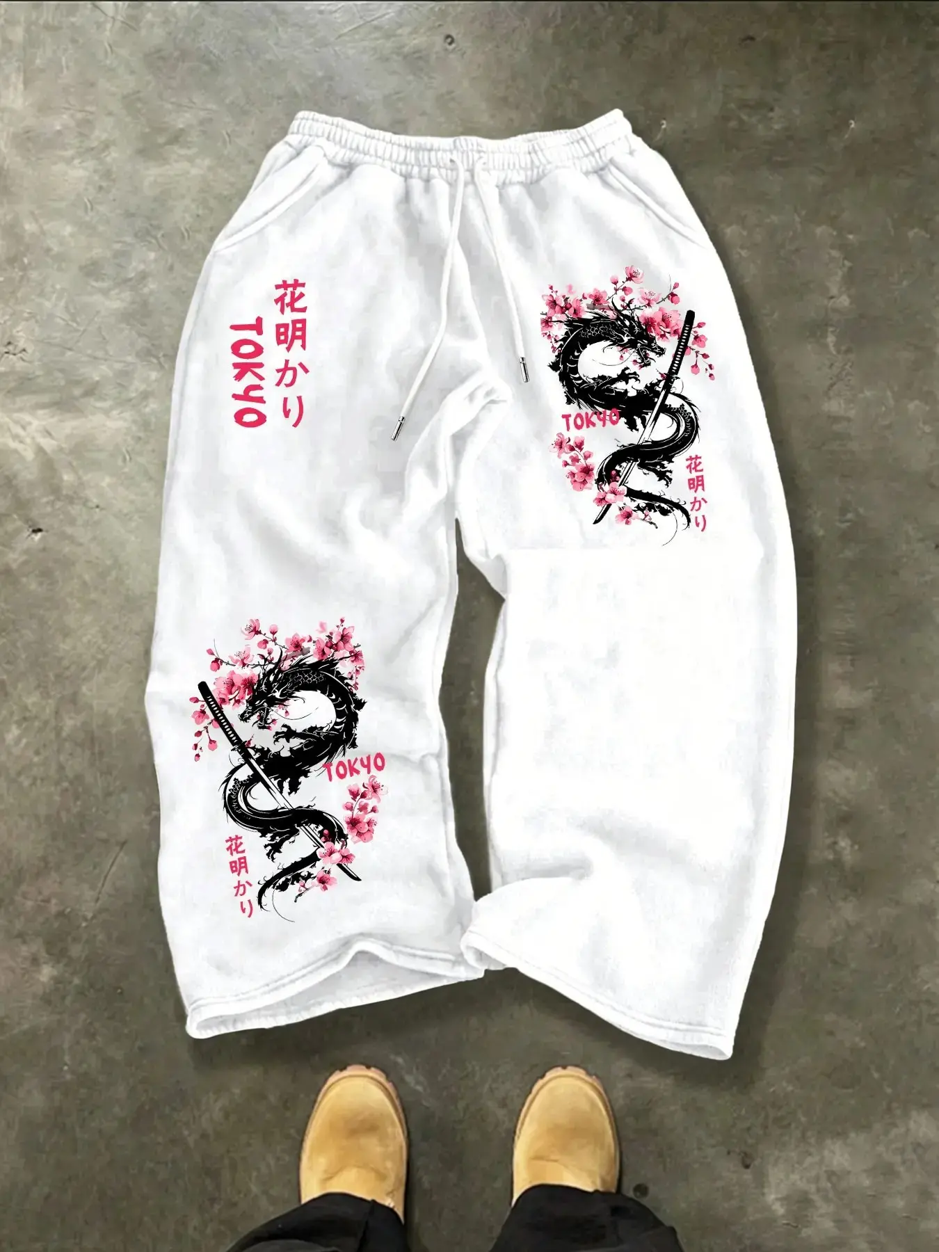 Japanese Sakura White Dragon Print Baggy Sweatpants, Y2K Tokyo Harajuku Streetwear Loose Elastic‑Waist Joggers, Hip‑Hop Casual Trousers For Workout Outdoor Skate Daily Street‑Going
