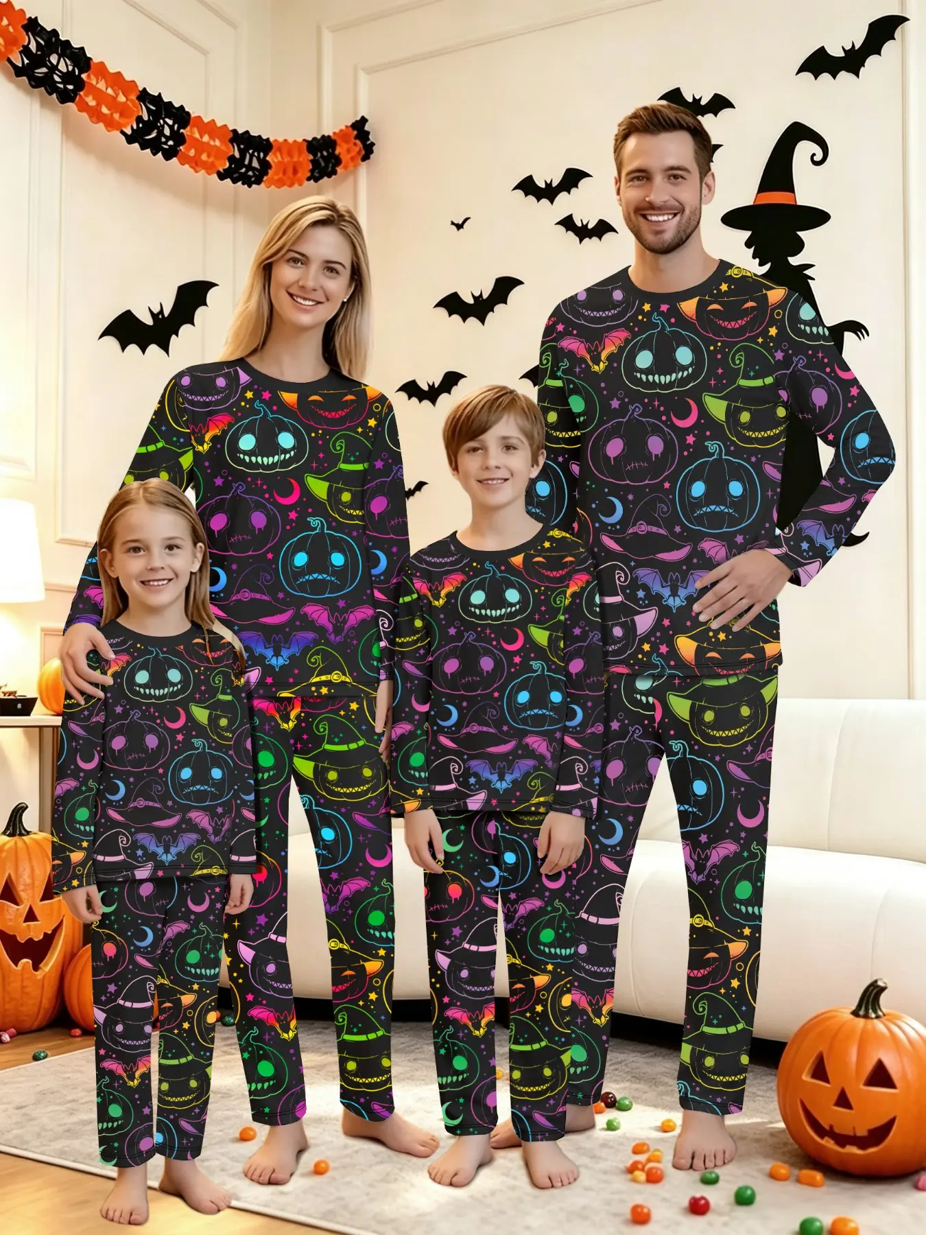 Family Halloween Pajama Set, 2-Piece Pumpkin Print Sleepwear for Men Women Kids, Casual Loose-Fit All-Seasons Home