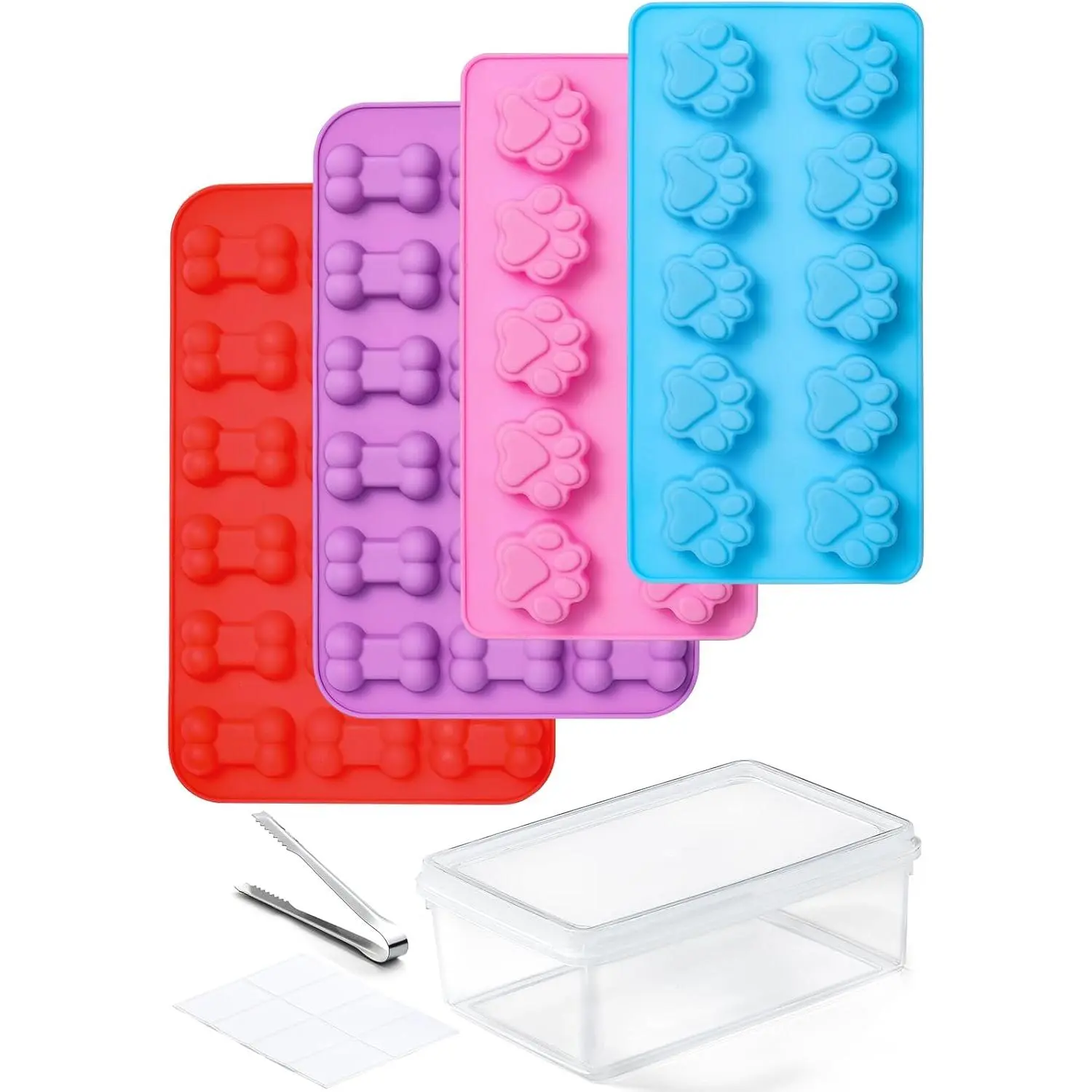 4 Pack Silicone Dog Treat Molds with Container and Ice Tong, Non-stick Puppy Paw and Bone Shaped Set with Bin, Silicone Mold for Pupsicle, Chocolate, Gummy, Candy, Baking, Jelly, Ice Cube, Pudding