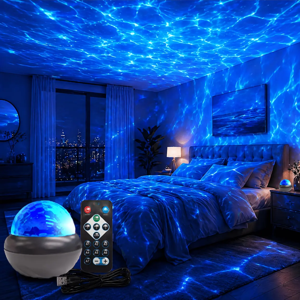 2026 New RGB water ripple projection light, wave lighting effect, remote control timer, multi-color transformation, USB power supply, bedroom game room decoration, holiday gifts, decorative lights