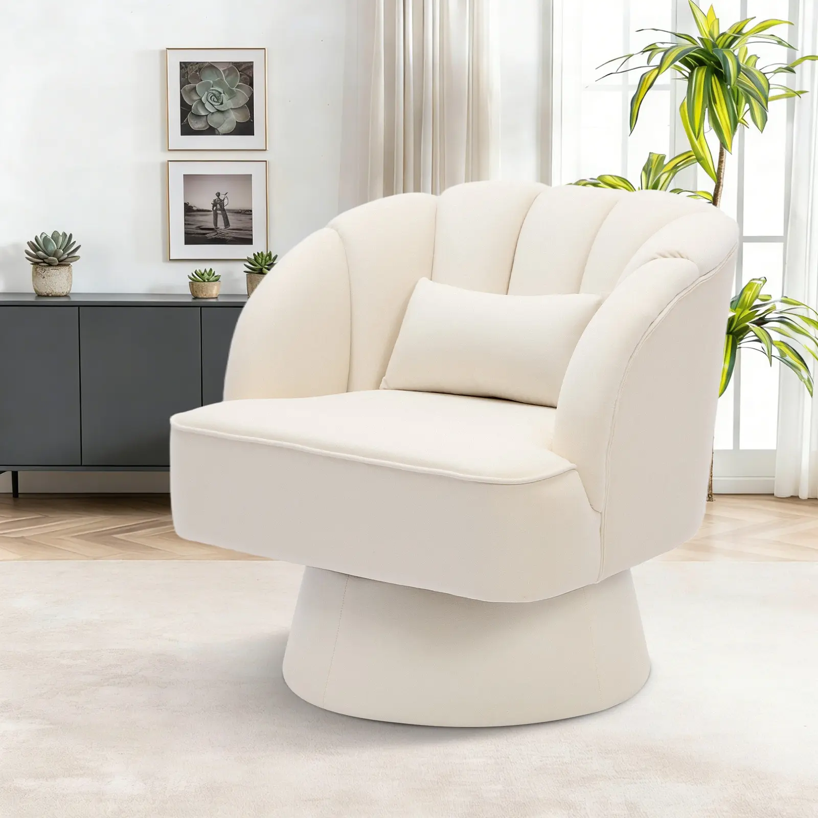 Ultra Soft Swivel Barrel Accent Chair, Striped Backrest Lounge Armchair with Cloud Padding, Velvet & Fleece Upholstery, Black Round Chair for Living Room Bedroom Reading Nook