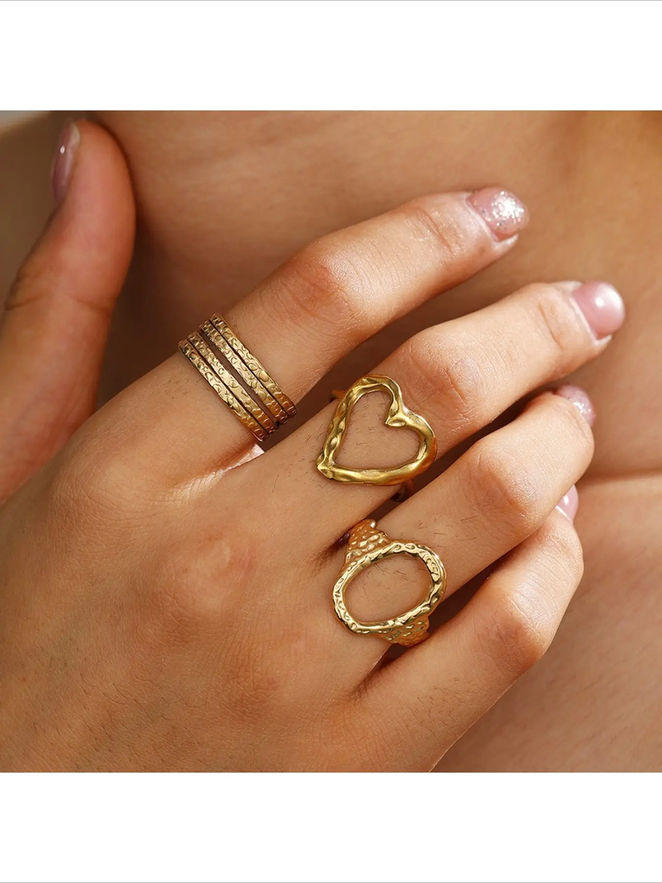 Popular Hot Selling Indented Heart Design Open Adjustable Ring Set Elegant Niche Trendy Fashion Personality Versatile Matching Rings For Daily Wear Party Dating Outfit Accessory