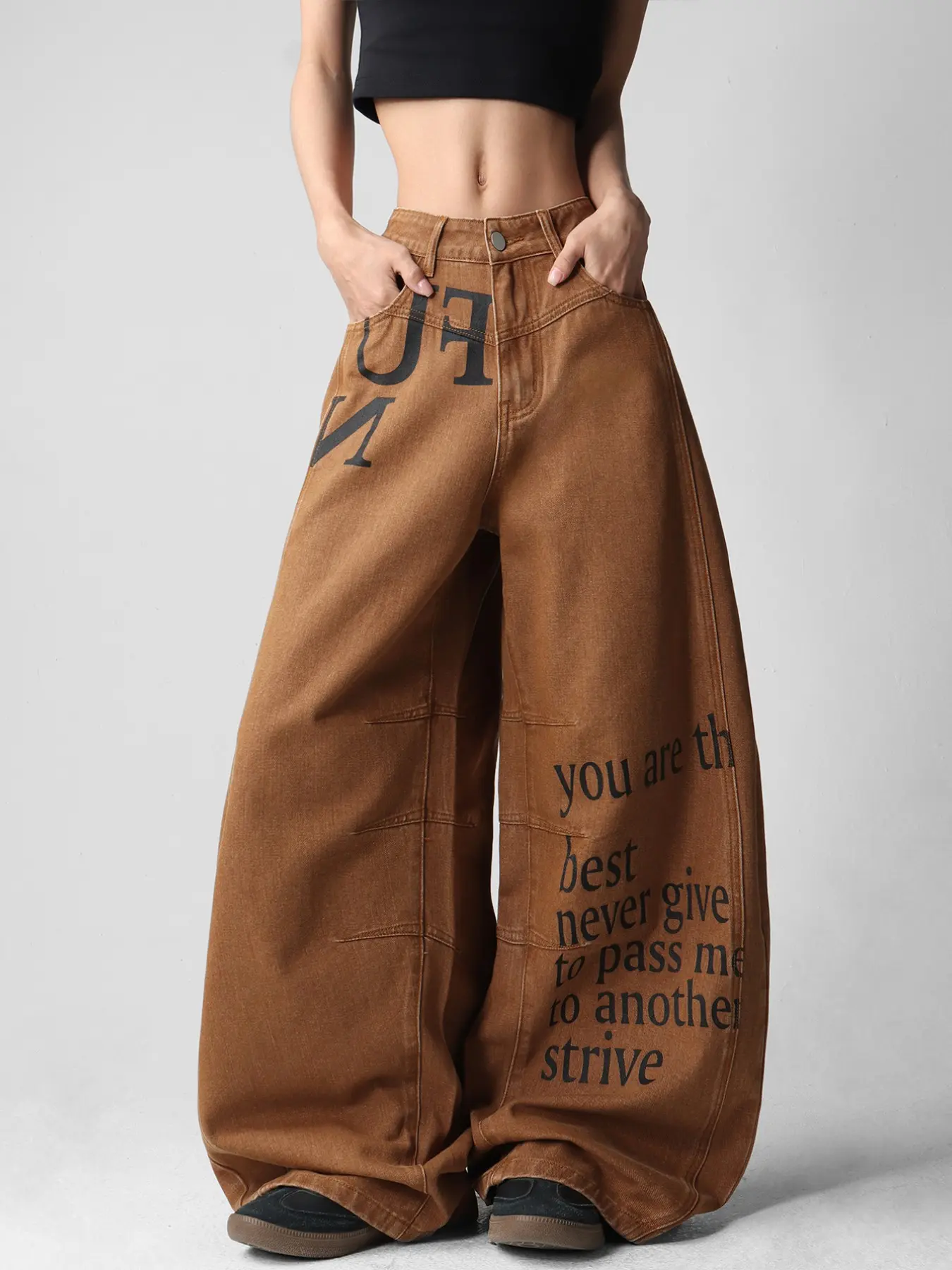 Vintage Washed Letter Print Wide Leg Jeans, High Waist Slim Fit Street Style, Fashionable Women's Long Pants, No Belt Included