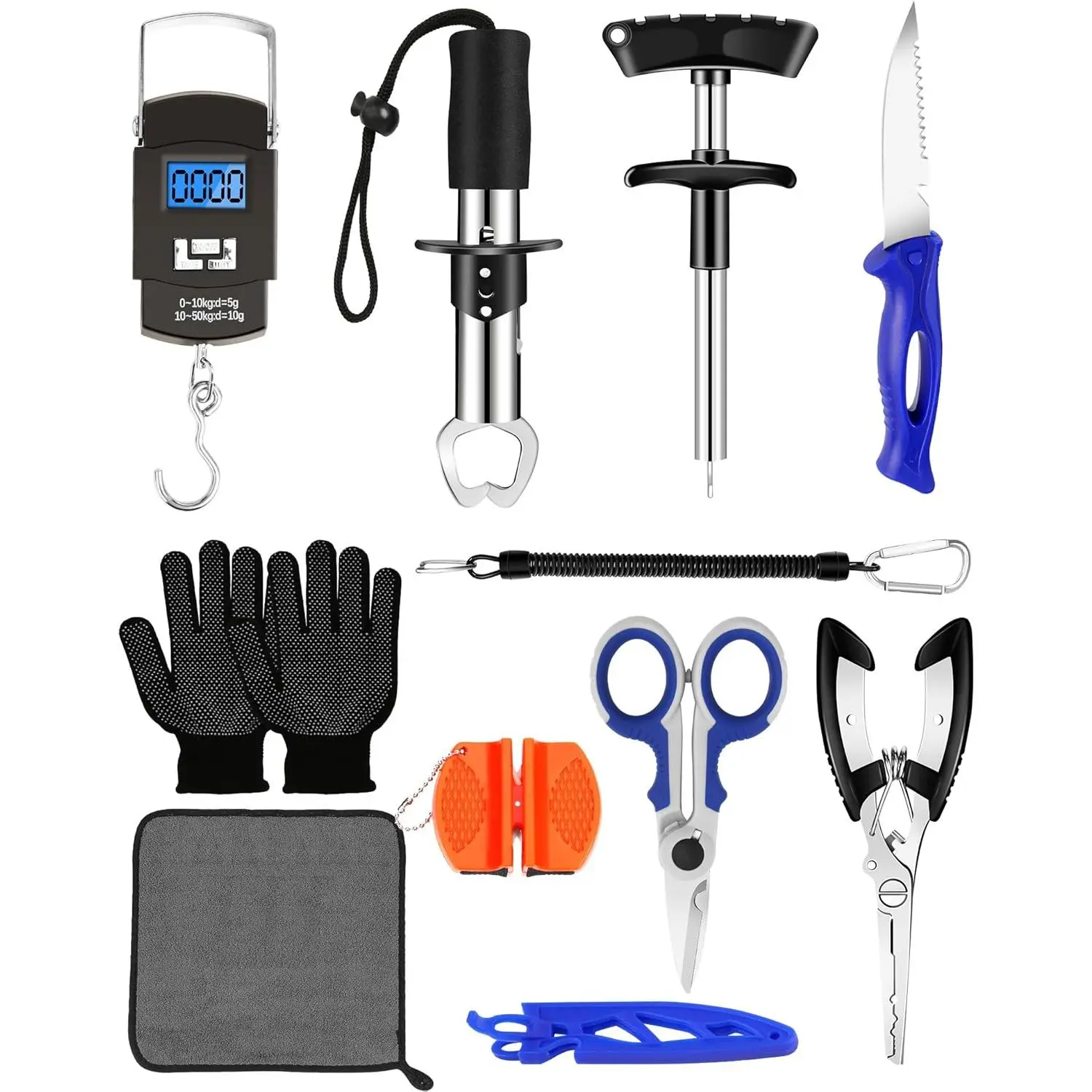 Fishing Tool Kit - Fishing Pliers, Hook Remover, Fish Gripper,Fish Scale, Fish Knife, Saltwater Fishing Gear with Sharpeners, Best Gifts  Men