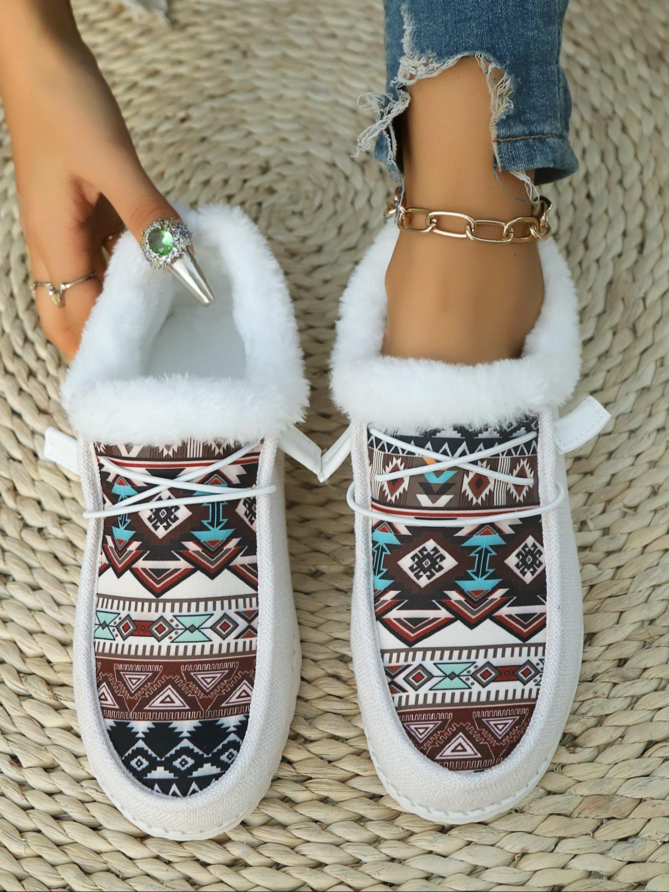 Women's Lace Up Low Top Colorblock Ethnic Pattern Sneakers, Casual Warm Sports Shoes for Winter, Female All-match Round Toe Shoes for Daily Wear