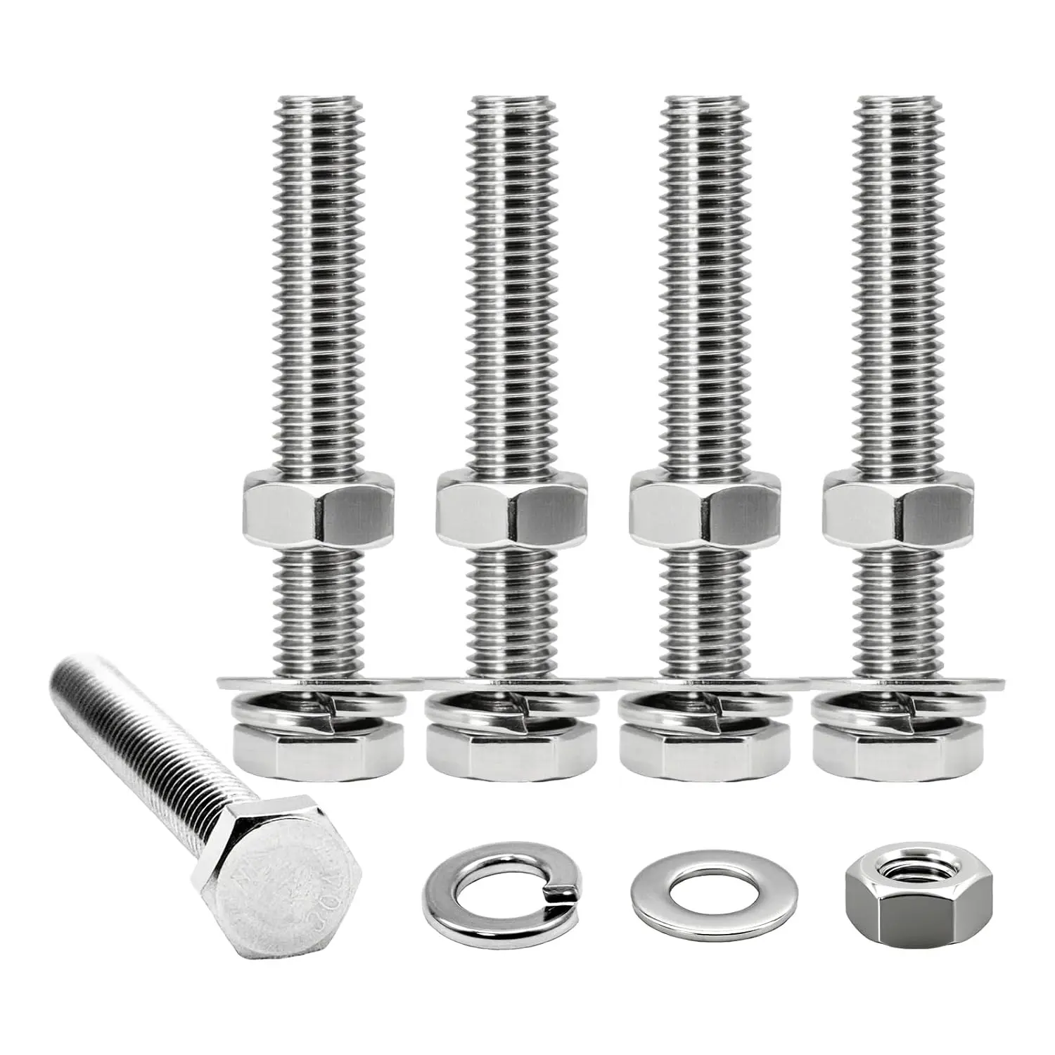 3/8-16 x 3 Hex Bolts Set, 5 Sets 3/8"-16 Thread 3 Inches Long, Hexagon Bolt Nuts, Flat & Lock Washers, Stainless Steel 304 Right Hand Fully Thread Heavy Duty Hex Bolts Assortment Kit