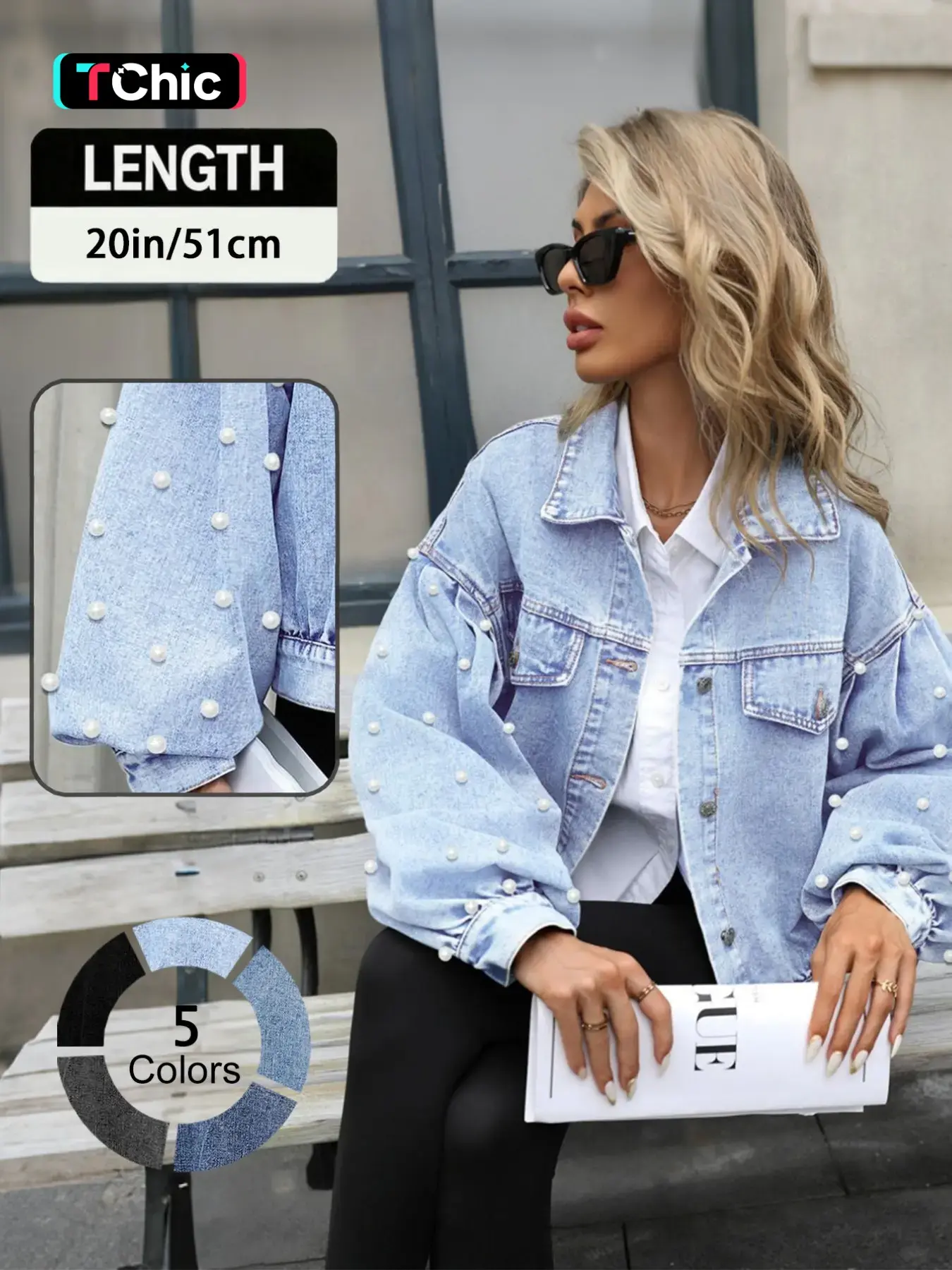 Women's Chic Loose-Fit Collared Light-Wash Denim Jacket, Faux-Pearl-Embellished Long Sleeves, Button-Front Closure, Casual Outerwear for Spring & Fall
