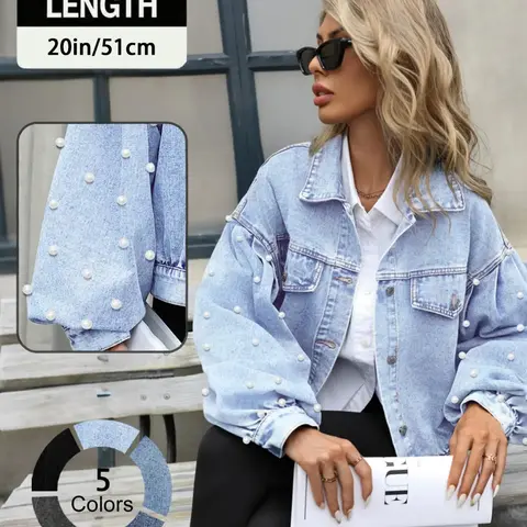 Women's Chic Loose-Fit Collared Light-Wash Denim Jacket, Faux-Pearl-Embellished Long Sleeves, Button-Front Closure, Casual Outerwear for Spring & Fall