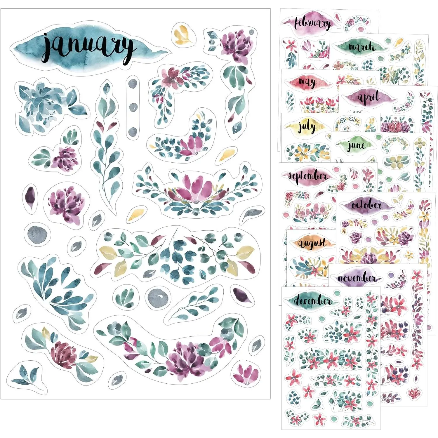 Transparent Monthly Planner Stickers - 12 Clear Sticker Sheets with Beautiful Watercolor Stickers & Undated Calendar Sticker Months - Planner, Scrapbooking and Journaling Supplies (Floral)