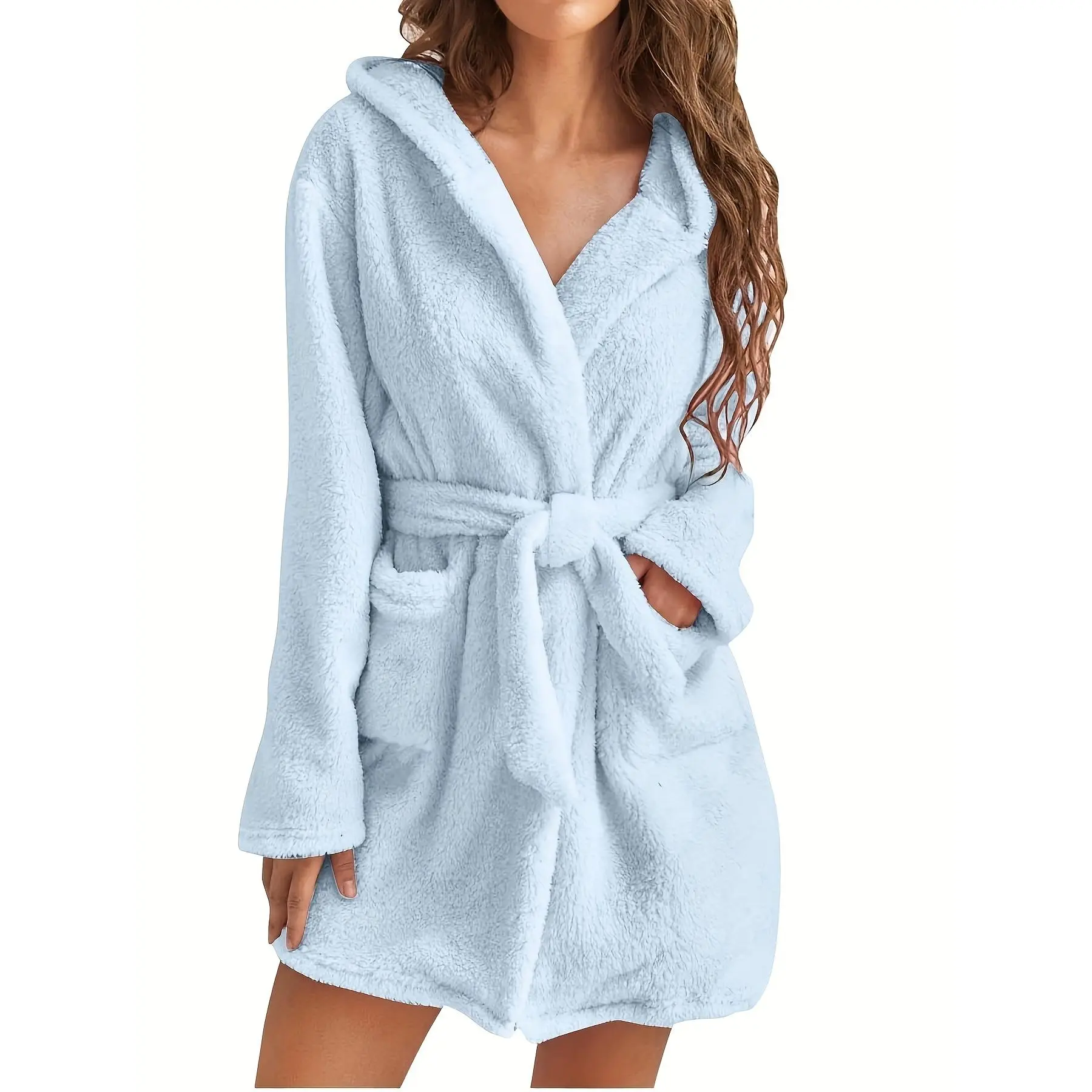 [Plush Pajamas & Bathrobe] Hot Cross-Border Hooded Home Plush Pajamas Solid Color Warm Bathrobe Women, Comfortable Loose Fit