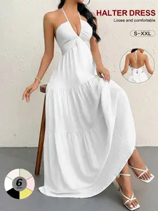 Sexy Halter Open Back Maxi Loungewear Dress, Ruched Bust & Tiered Skirt, Flowy Silhouette, Leg-Lengthen Summer Homewear for Women