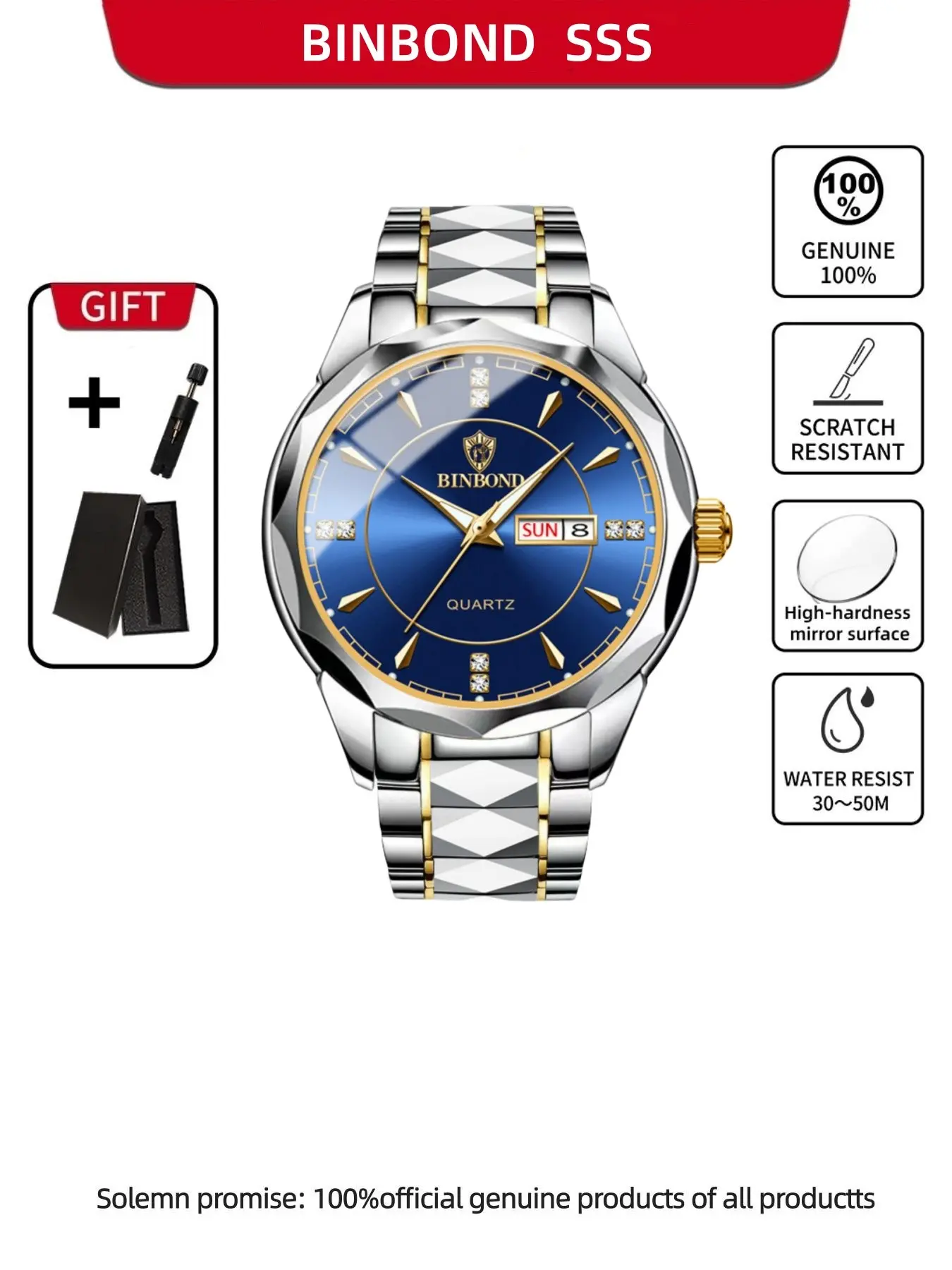 Binbang Men's Watch Trendy Fashion Business Steel Belt Night Light Waterproof Calendar Quartz Watch Analog Watch Waterproof Quartz Wristwatch