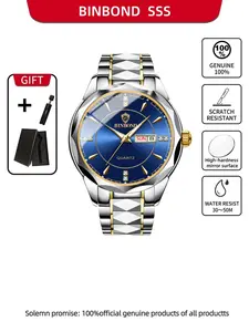 Binbang Men's Watch Trendy Fashion Business Steel Belt Night Light Waterproof Calendar Quartz Watch Analog Watch