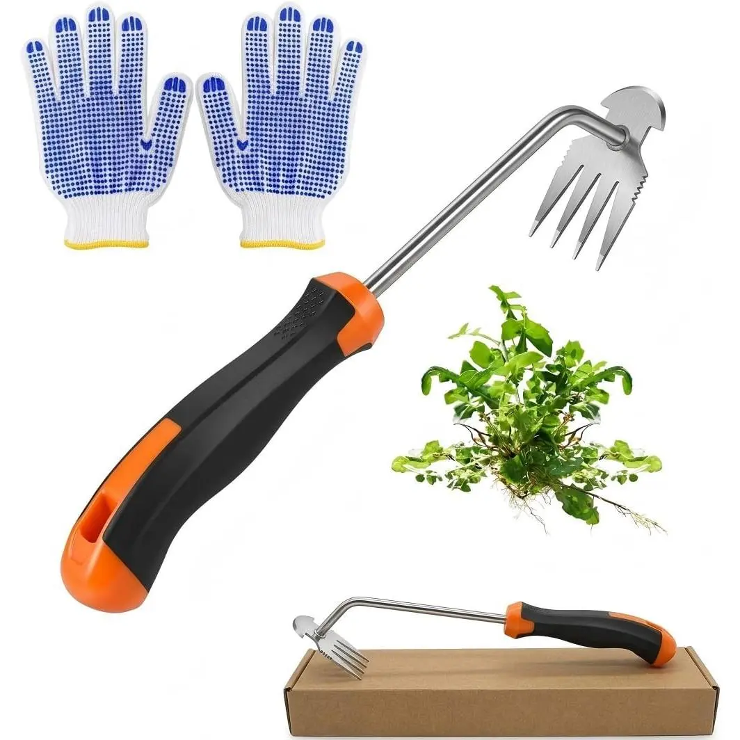 Weed Puller Tool with Thick Work Gloves, 4- Stainless Steel Hand Weeder, Deep Root Weed Remover for Dandelions Crabgrass, Gardening Weeding Tools for Garden Backyard Farm 13.7inch