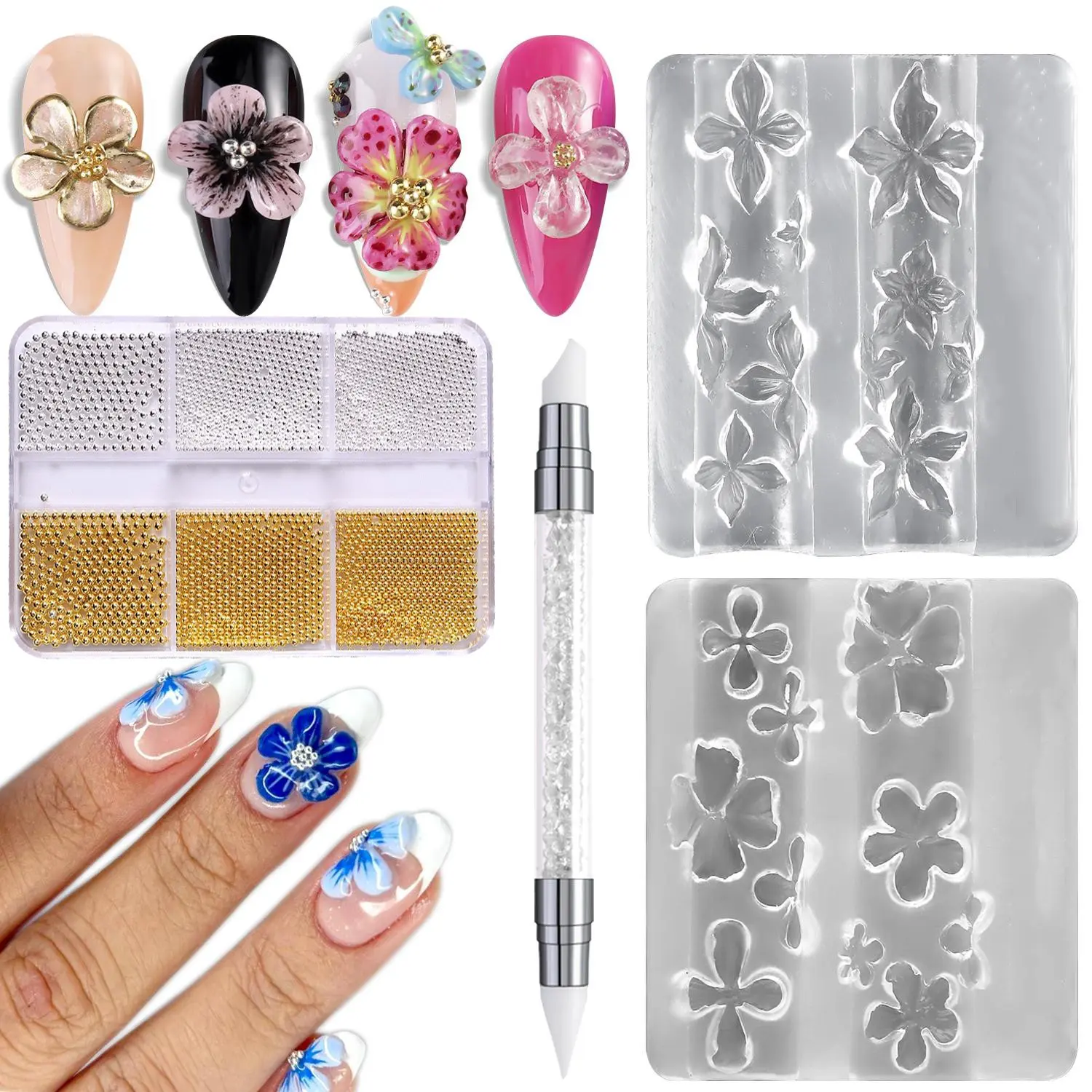Silicone Nail Art Mold Set, 4-Piece 3D Floral Design, Includes Carving Pen, Silver Color Beads, Resin Compatible, Professional Nail Supplies