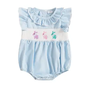 Newborn Baby Girl Easter Outfit Collar Bunny Embroidery Smocked Short Sleeve Romper Bodysuit Summer Clothes