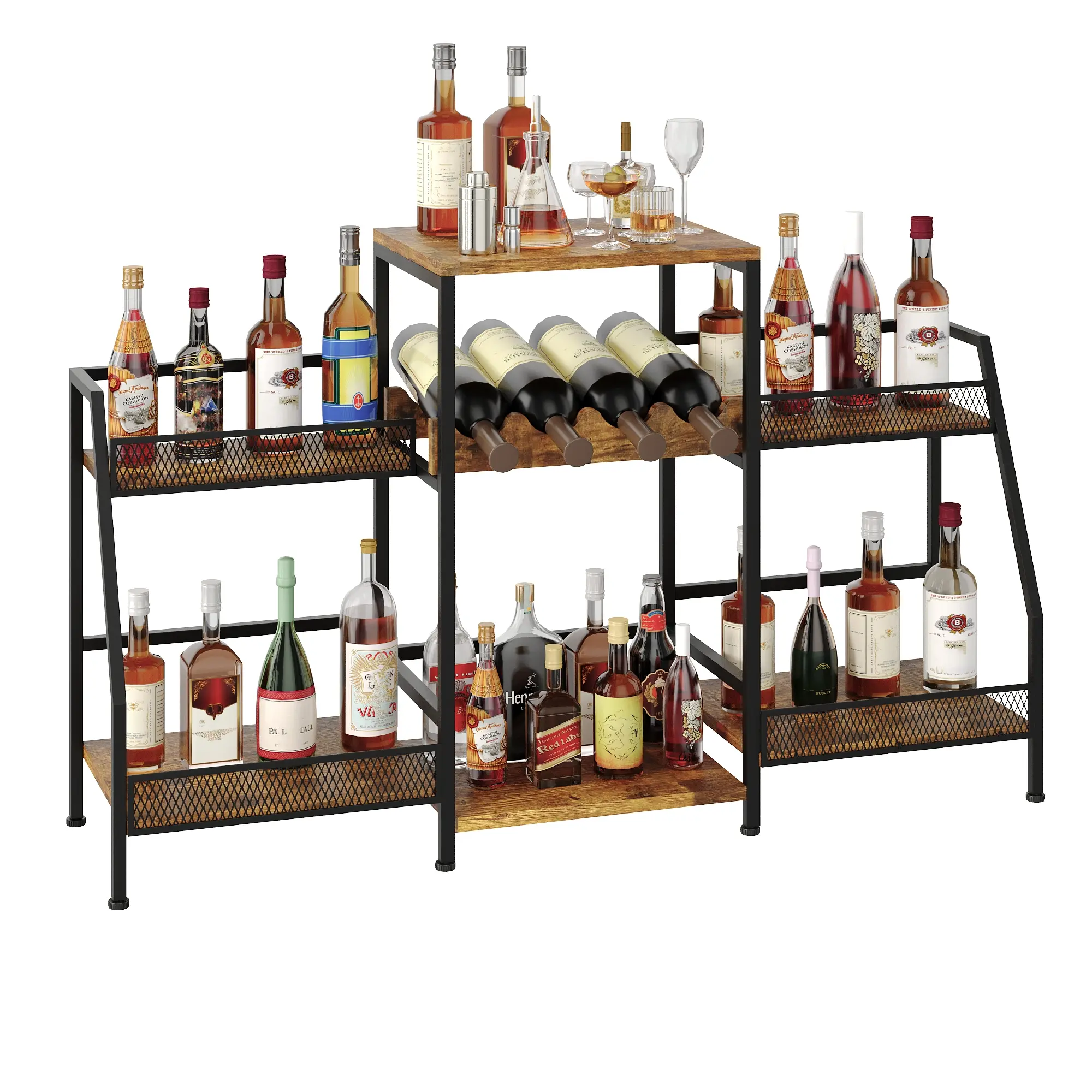 Large Capacity 4-Tier Freestanding Bar Cabinet, Stepped Iron and Wood Kitchen Organizer, Protective Guardrails, Home Liquor Storage Shelf for Bottles & Beverages