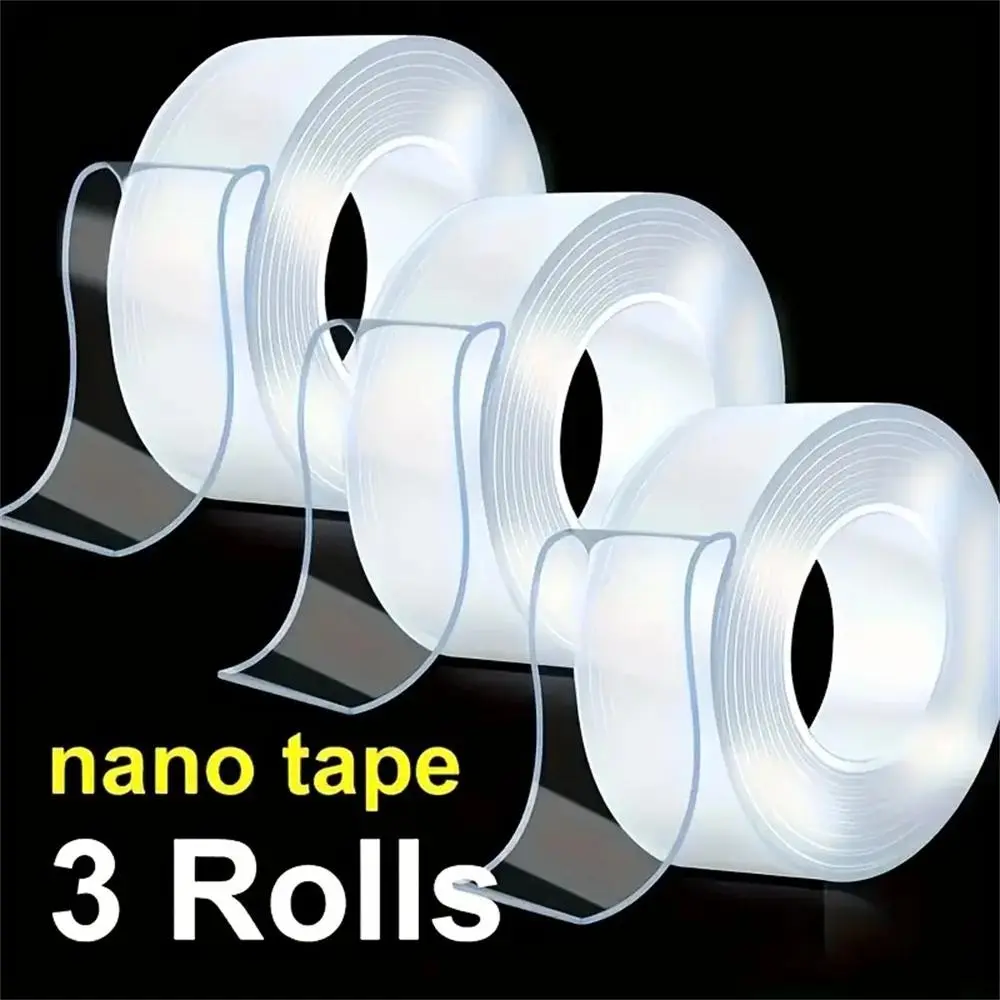 3 Pcs Double Sided Nano Tape, Self Adhesive Reusable Traceless Strong Sticky Roll, Multipurpose Removable Washable Clear Mounting Tape Strips