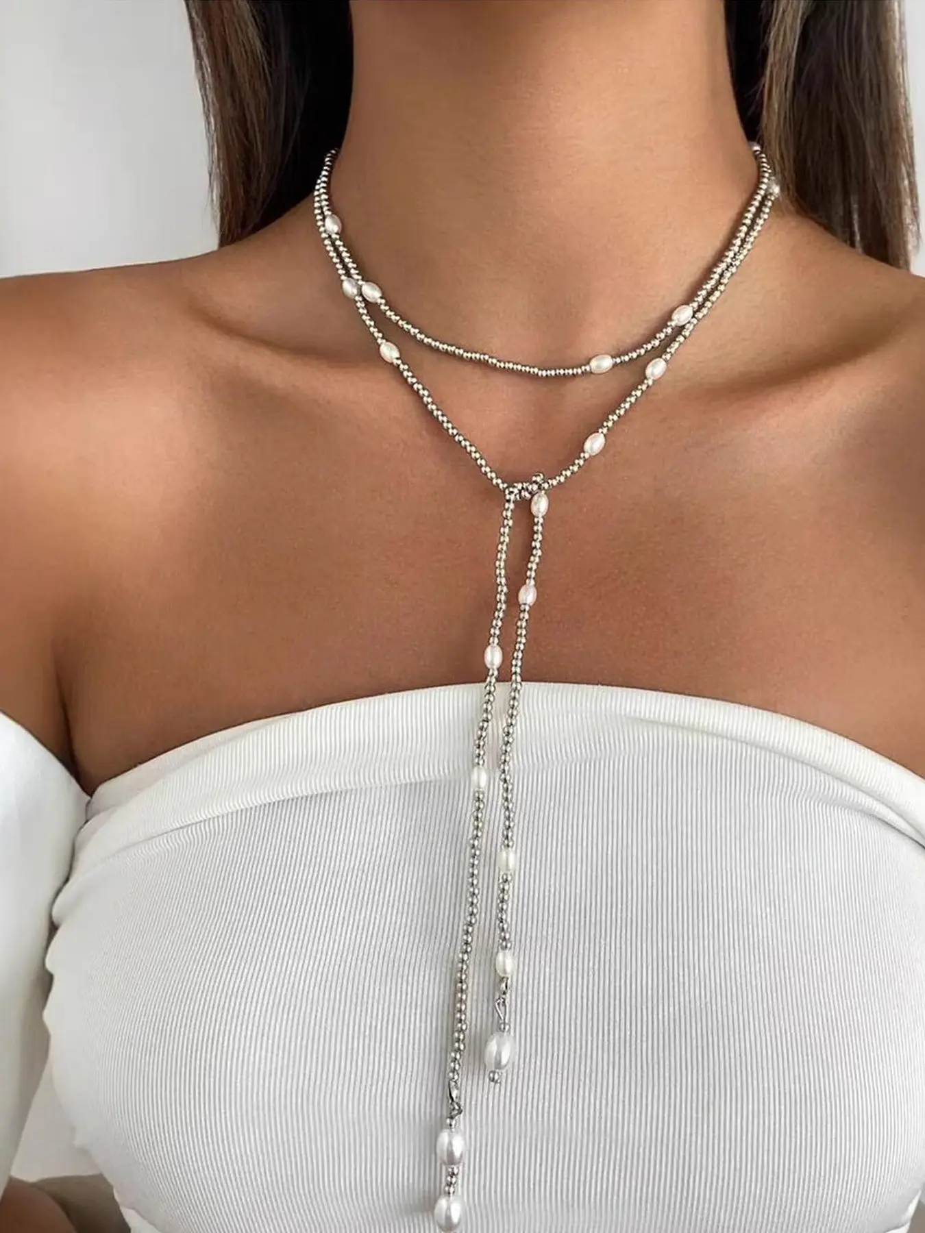 Silver Alloy Long Wrap Dainty Necklaces Layering Jewelry Layered Pearl Chain Necklace Vintage Turquoise Y-Shaped Lariat Necklace Boho Beaded Choker Statement Costume Jewelry for Women